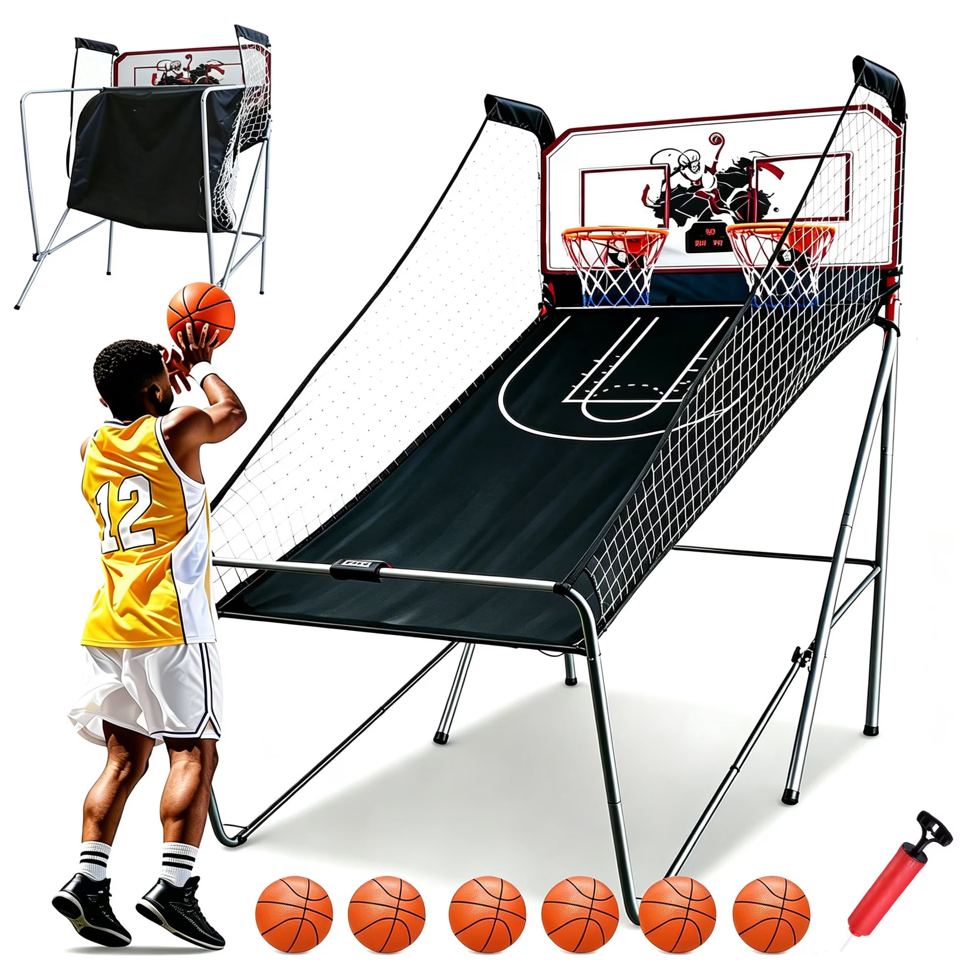 iYofe Double Basketball Hoop Indoor, Easy Fold Portable Basketball Arcade Game, Basketball Shooting Machine with 6 Balls, 8 Modes, LED Scoreboard, Air Pump, for For Youth and Adults
