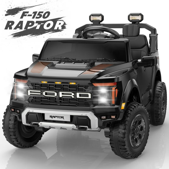 24V Ride on Toys for Big Kids, Ford F150 Raptor Battery Powered 2 Seater Ride on Cars with Remote Control, Electric Car Truck w/4 Wheelers/Bluetooth & Lights for Kids Girls Boys Ages 4-8, Black