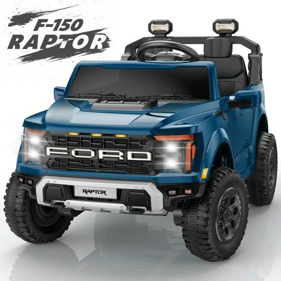 24V Ride on Toys for Big Kids, Ford F150 Raptor Battery Powered 2 Seater Ride on Cars with Remote Control, Electric Car Truck w/4 Wheelers/Bluetooth & Lights for Kids Girls Boys Ages 4-8, Blue