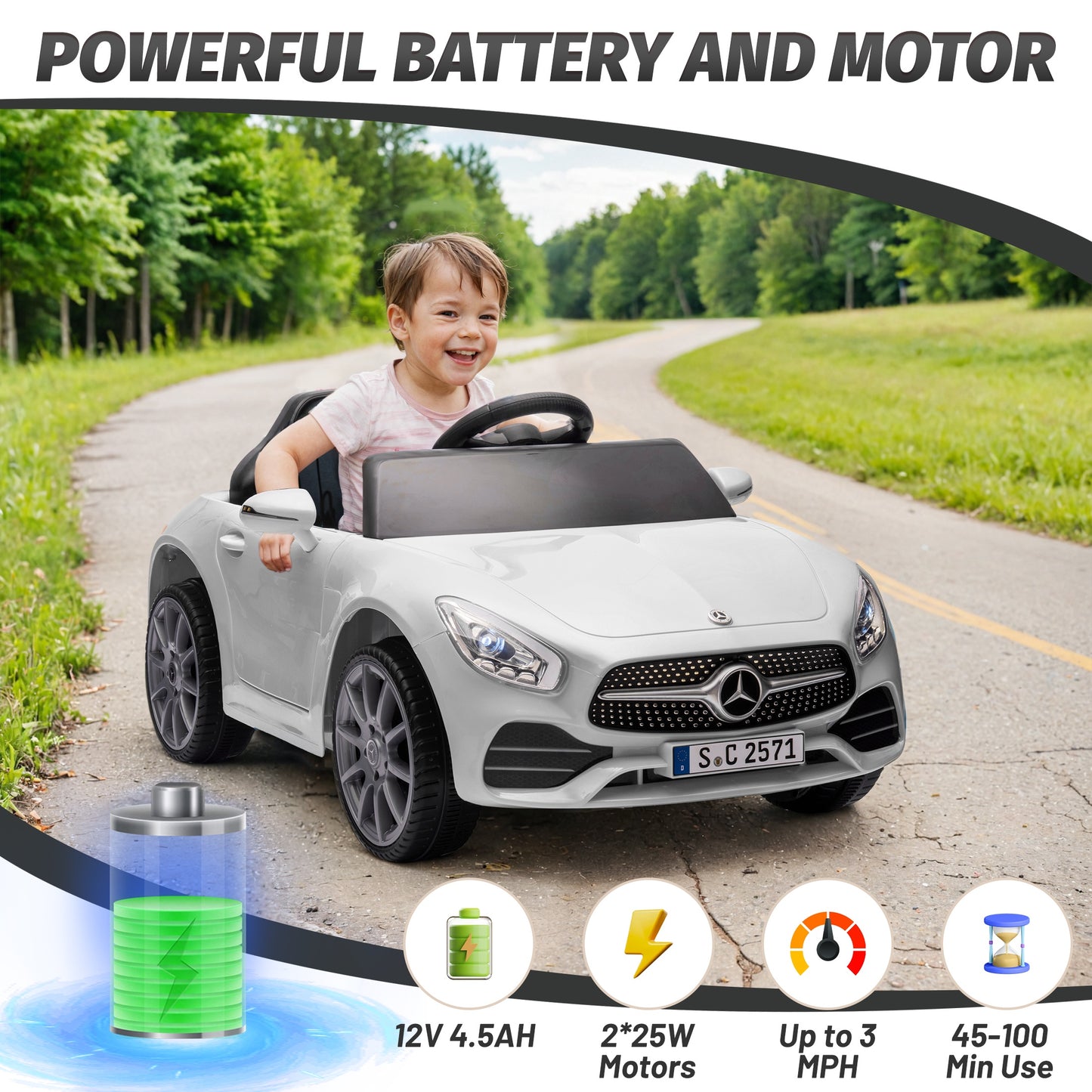 12V Ride on Toy for Kids, Licensed Mercedes-Benz CLS 350 Powered Ride on Car with Remote Control, Kids Electric Cars for Boys Girls 2-5 with Bluetooth, Music, LED Lights, 3 Speeds, 4 Wheelers, White