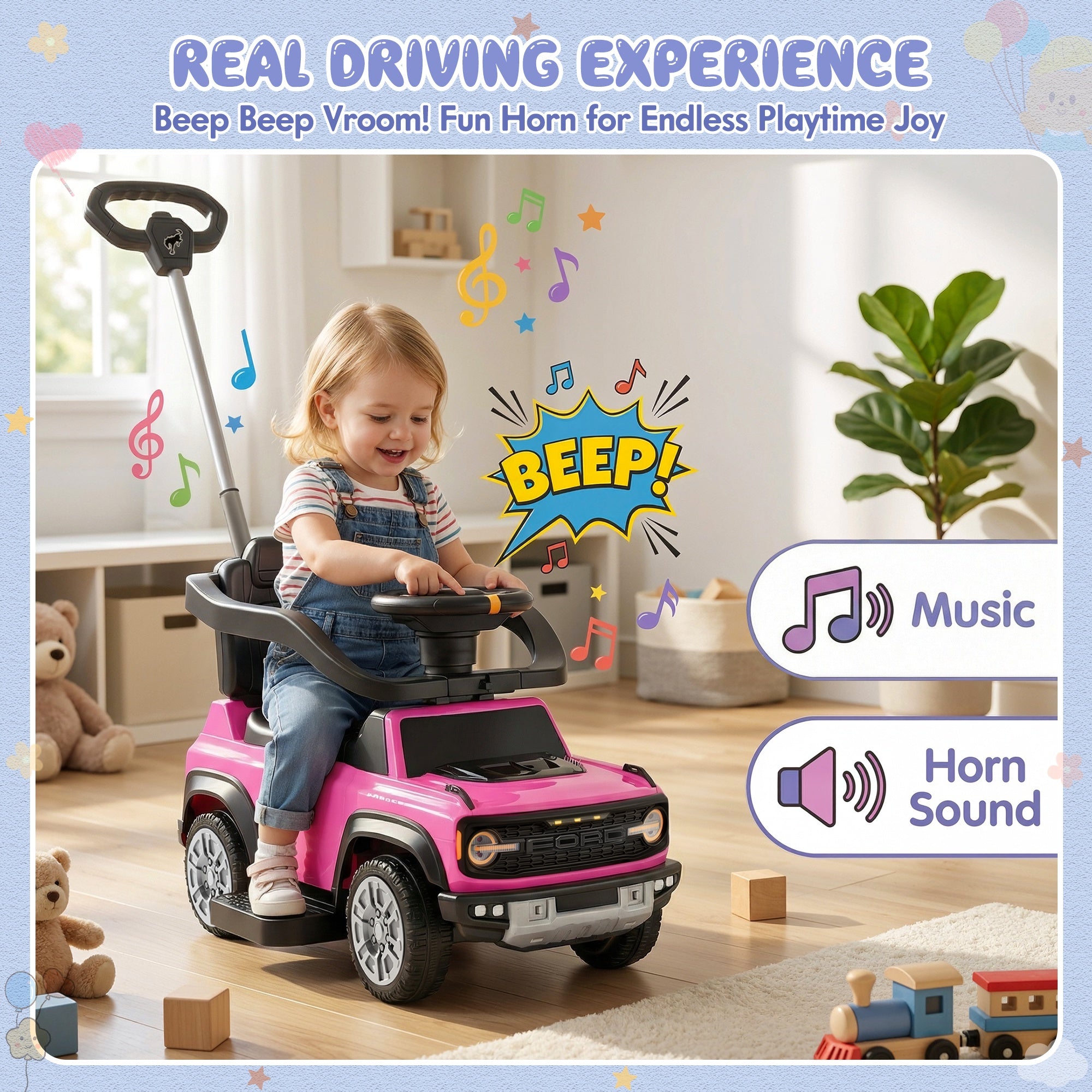 iYofe Kids Ride on Push Car, Licensed Ford Bronco Raptor Toddlers Ride on Toys with Horn, Music, Handle, Under Seat Storage, Kids Push Car for Toddlers 18 Months +, Pink