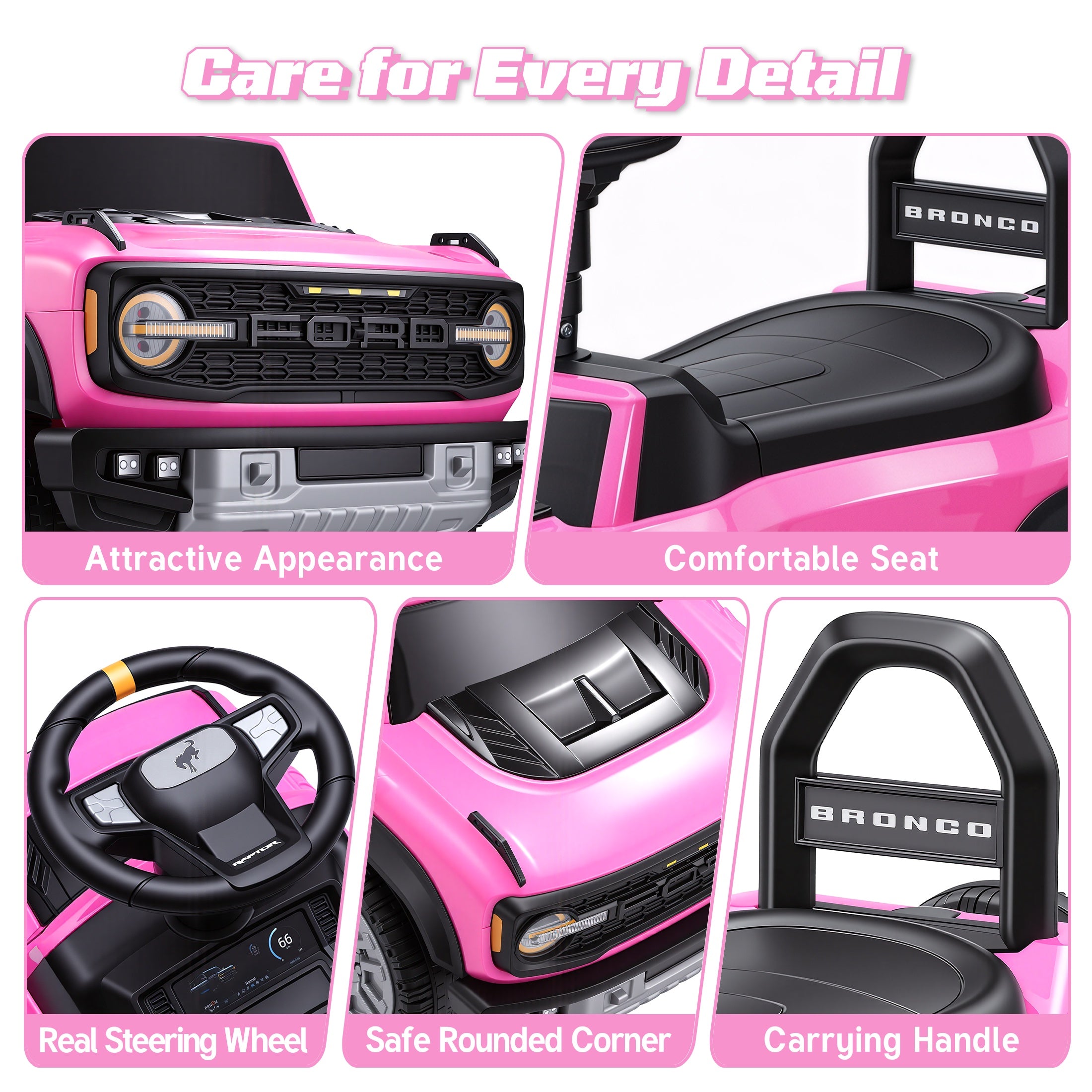 iYofe Kids Ride on Push Car 2 in 1, Ford Bronco Raptor Toddlers Ride on Push Toys with Horn, Music, Handle, Under Seat Storage, Ride on Toys for Toddlers 18 Months +, Pink