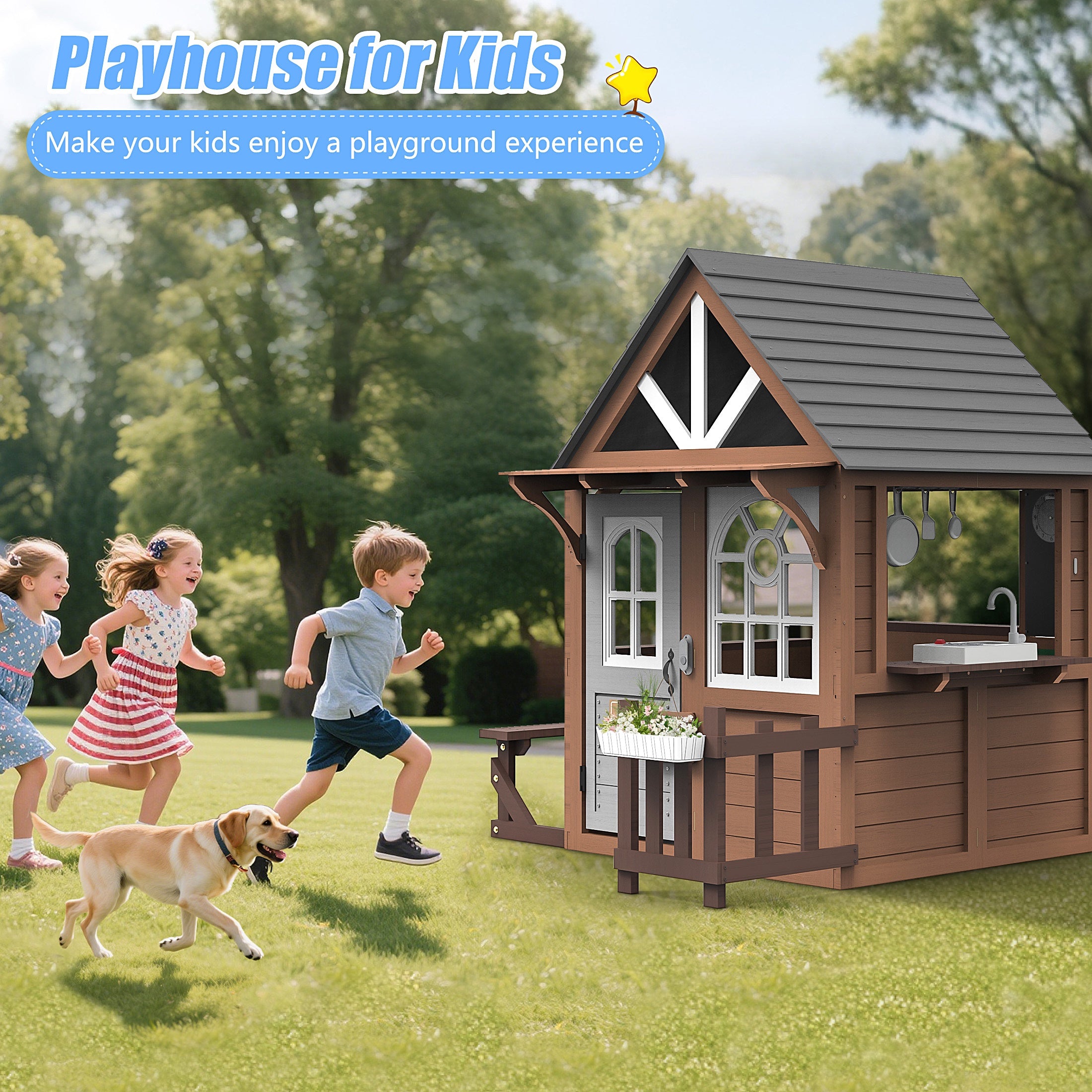 iYofe Outdoor Playhouse for Kids 3+, Wood Kids Playhouse with Full Door, Toy Phone, Bench, Planter Pots, Window, Toddler Playhouse Kids Outdoor Playset Equipment for Interactive Play