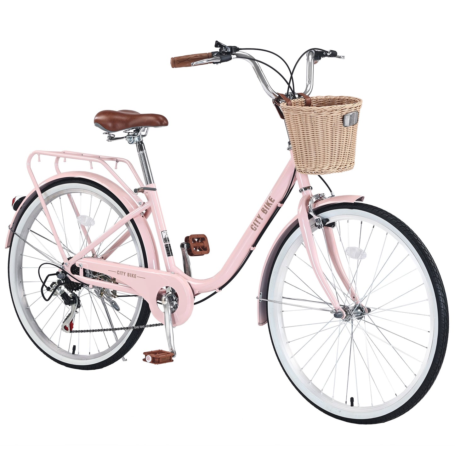 iYofe 26 inch Womens Bike, 7 Speed Hybrid Bike for Adult Teen w/ Basket and Backseat, Beach Cruiser Bike, City Comfort Commuter Bicycle for Ladies, V Brakes, 85% Assembled, Pink