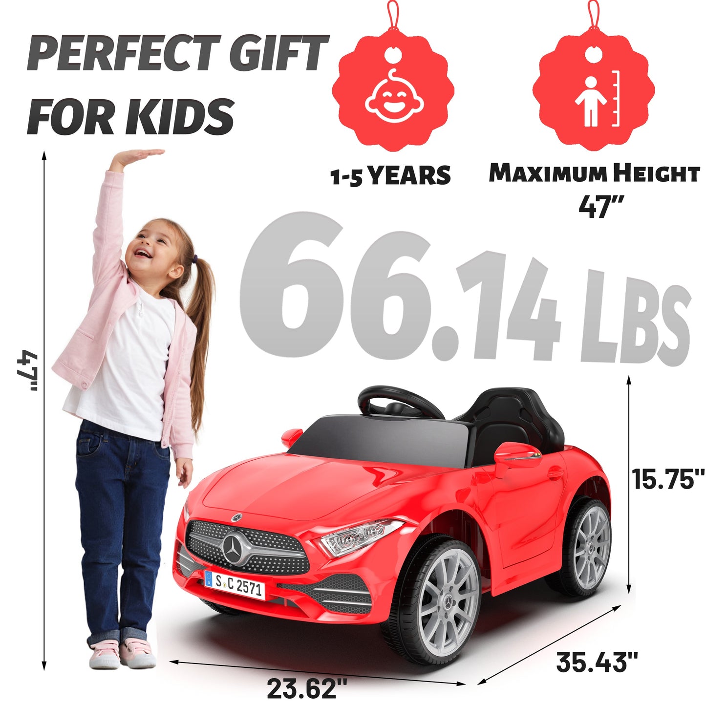 12V Ride on Toy for Kids, Licensed Mercedes-Benz CLS 350 Powered Ride on Car with Remote Control, Kids Electric Cars for Boys Girls 2-5 with Bluetooth, Music, LED Lights, 3 Speeds, 4 Wheelers, Red