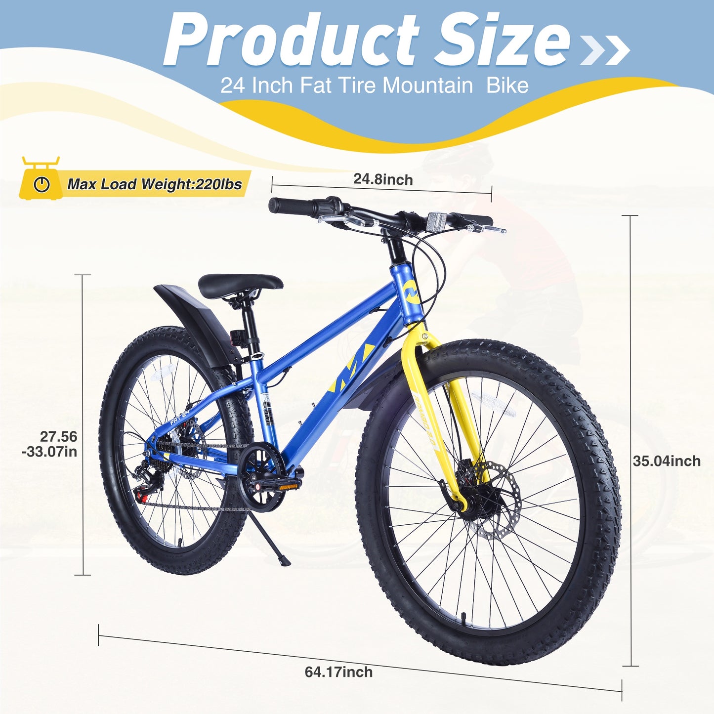 24" Mountain Bikes for Boys Girls, 7 Speed Fat Tire Mountain Bicycle w/ Disc Brakes, Bike for kids Youth Teen Adults, City Bikes Street Suit for Rider Height 56"-66" Ages 10+, 85% assembled (Blue)