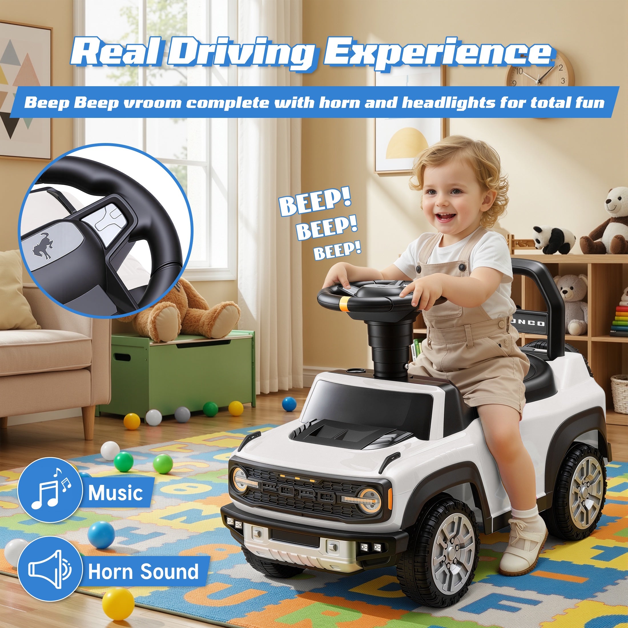 iYofe Kids Ride on Push Car 2 in 1, Ford Bronco Raptor Toddlers Ride on Push Toys with Horn, Music, Handle, Under Seat Storage, Ride on Toys for Toddlers 18 Months +, White