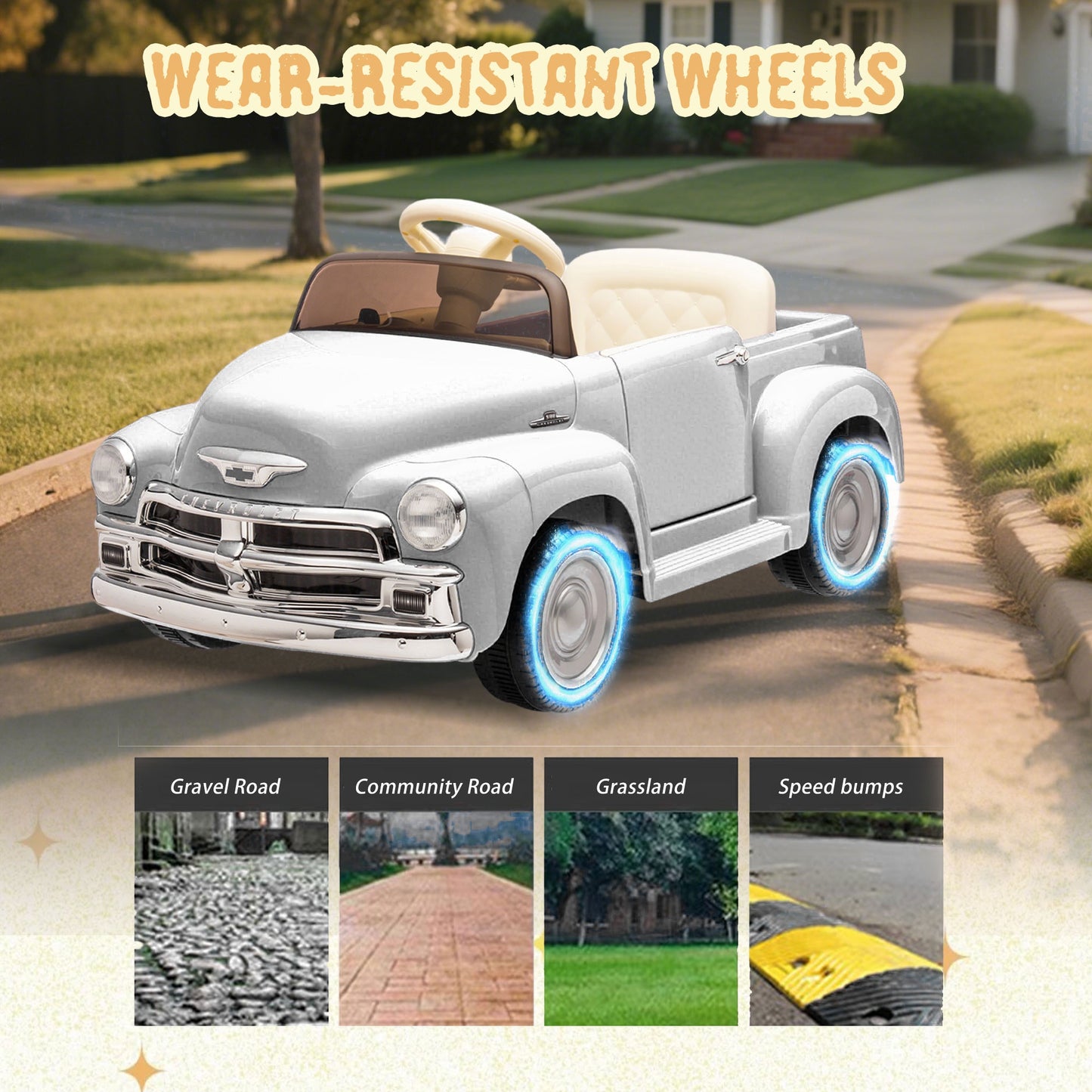 12V Ride on Toys, Licensed Chevrolet 3100 Powered Ride on Cars with Remote Control, Bluetooth, Music, USB Ports, LED Lights, 4 Wheels Suspension, Electric Car for Kids Boys Girls Ages 3-6, White