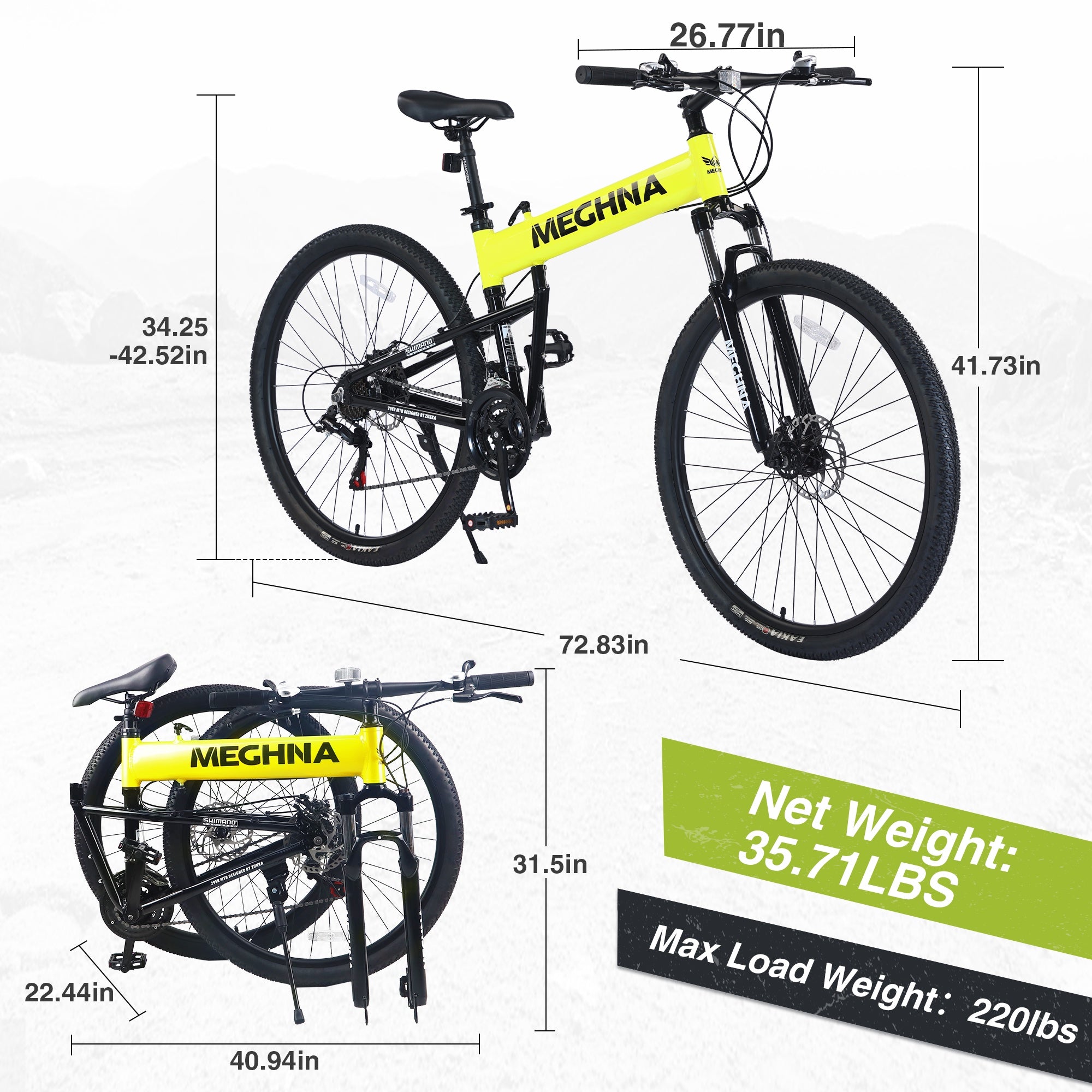 29 inch Folding Mountain Bikes, Mens Mountain Bicycle w/ Disc Brakes, 21 Speed Hybrid Bike for Adults Men Women, City Commuter Bike for Rider Height 5'4"-6'2", 85% assembled (Yellow)