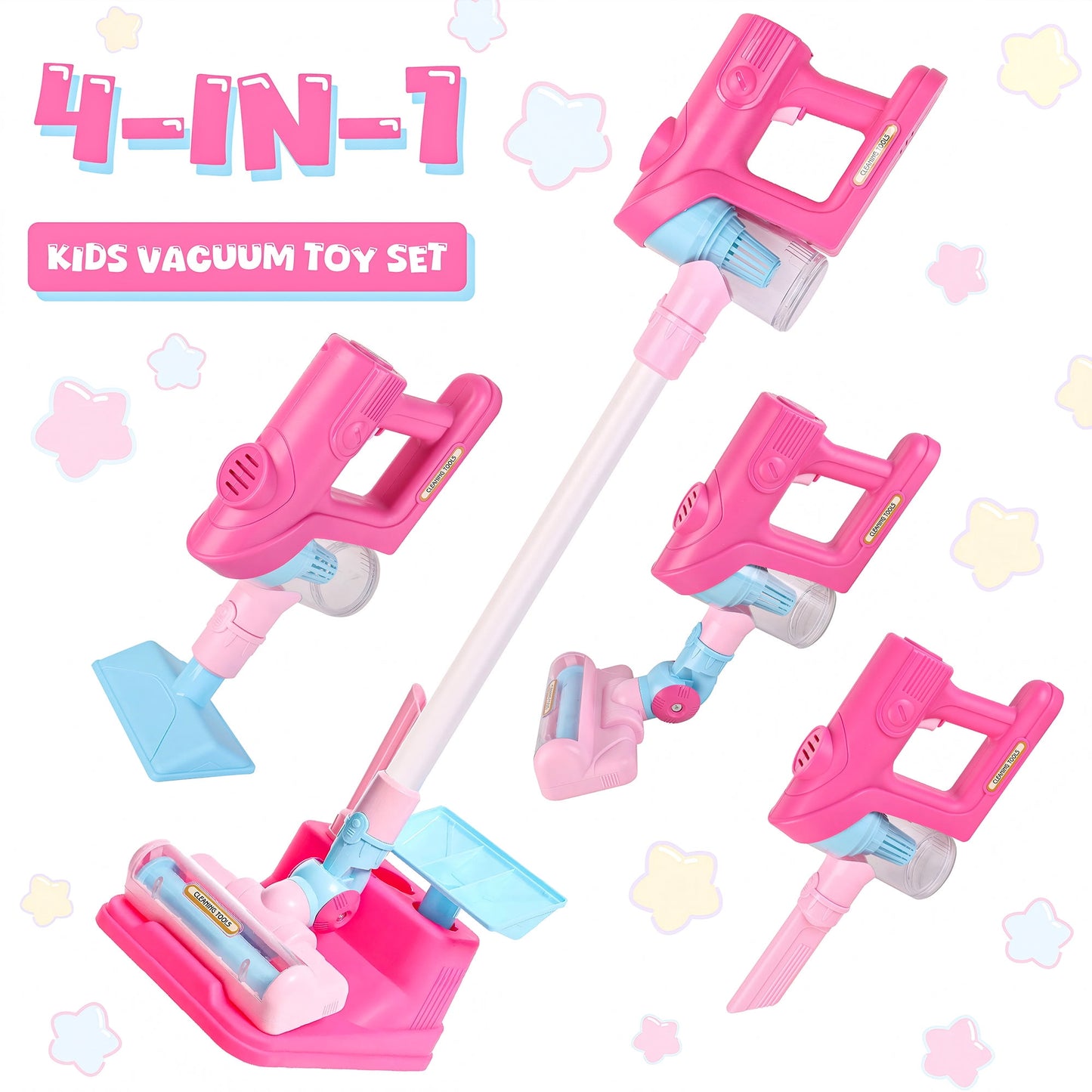 Kids Vacuum Cleaner Toys for Toddler, Toy Vacuum Set that Really Works with Real Suction, Pretend Play Housekeeping Toy Vacuum w/Sound Effects/Music/Light for Girls Boys