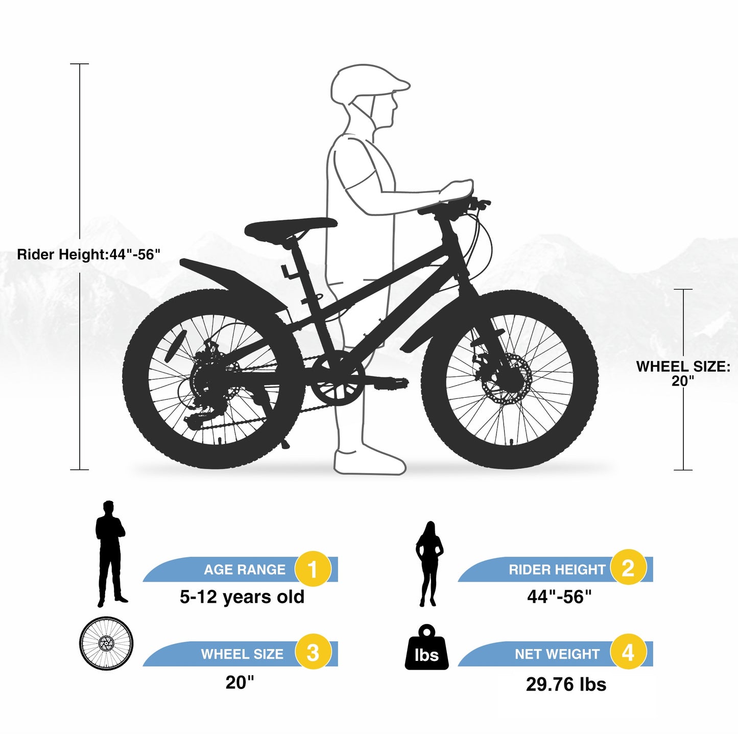 20 inch Kids Mountain Bikes for Boys Girls, 7 Speed Fat Tire Mountain Bicycle w/ Disc Brakes, Bike for kids Ages 5-12 Years Old, City Bikes Street Suit for Rider Height 44"-56", 85% assembled (Blue)