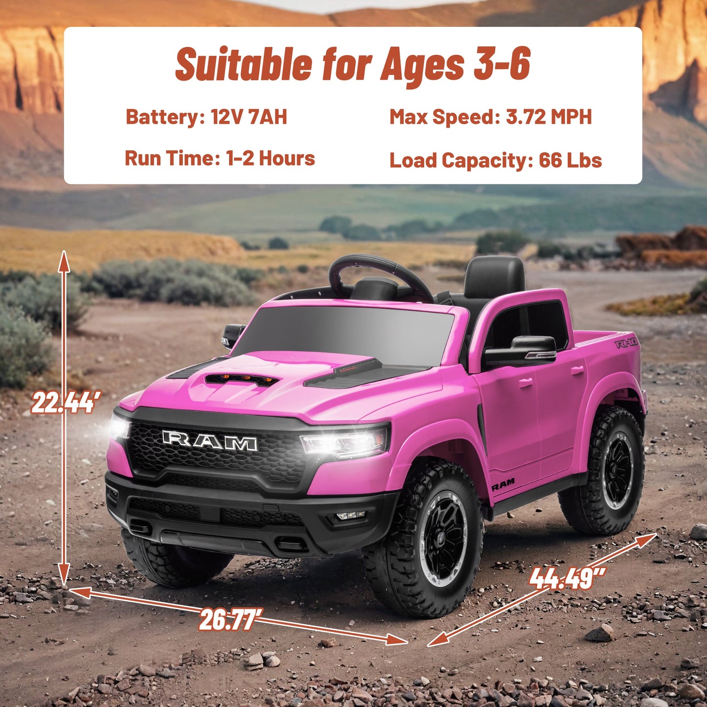 Ram Ride on Car Toys, 12V RAM 1500 Battery Powered Ride on Toy Truck with Remote Control, Electric Car for Kids Girls 3-5 w/ Bluetooth, Rear Storage Trunk, Safety Belt, 4 Wheelers