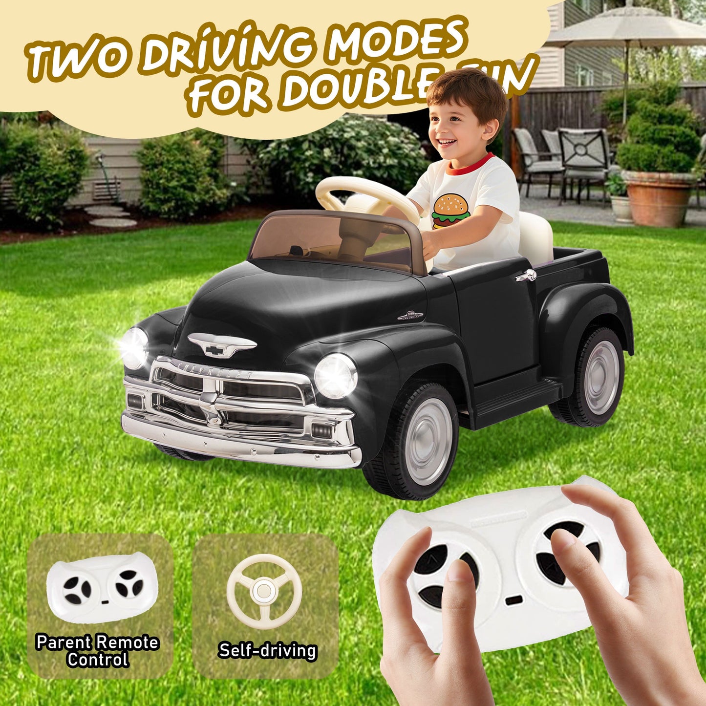 12V Ride on Toys, Licensed Chevrolet 3100 Powered Ride on Cars with Remote Control, Bluetooth, Music, USB Ports, LED Lights, 4 Wheels Suspension, Electric Car for Kids Boys Girls Ages 3-6, Black