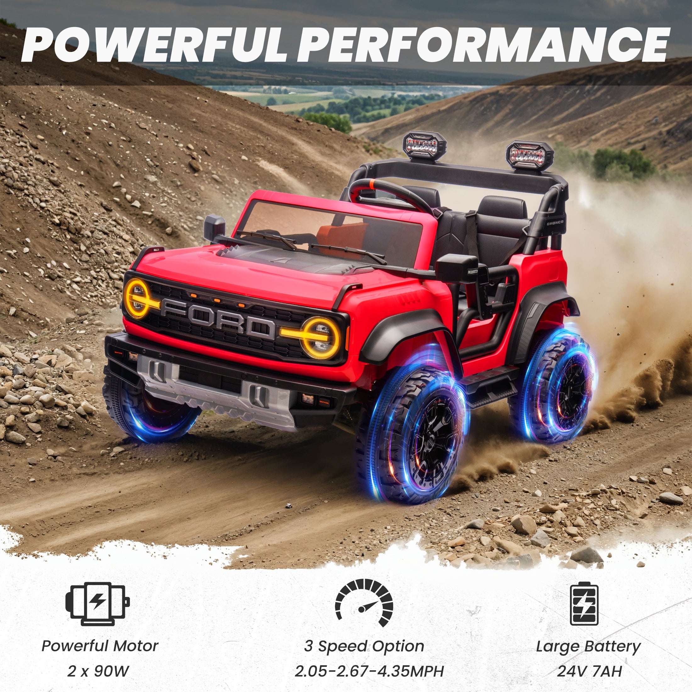 iYofe 24V 2 Seater Ride on Cars, Licensed Ford Bronco Raptor Powered Ride on Trucks with Remote Control, Spring Suspension, Bluetooth, LED Light, Ride on Toys for Kids Ages 3-8 Boy Girls Gift, Red