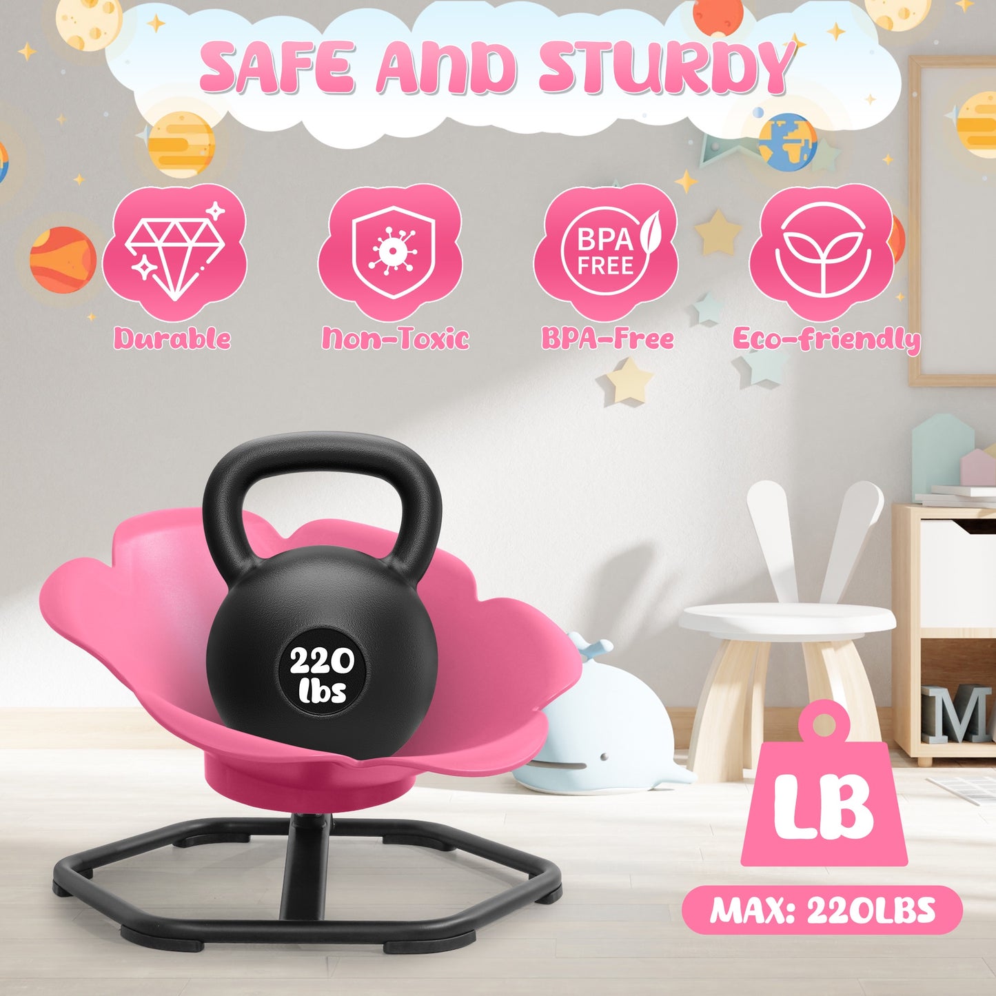 iYofe Kids Sensory Spinning Chair, Petal Shape Spinning Chair for Autistic Kids, Chair Sensory Spinner Seat for Autism Toddlers ADHD Children, 360° Rotating Therapy-Grade Chair with Safety Base, Pink