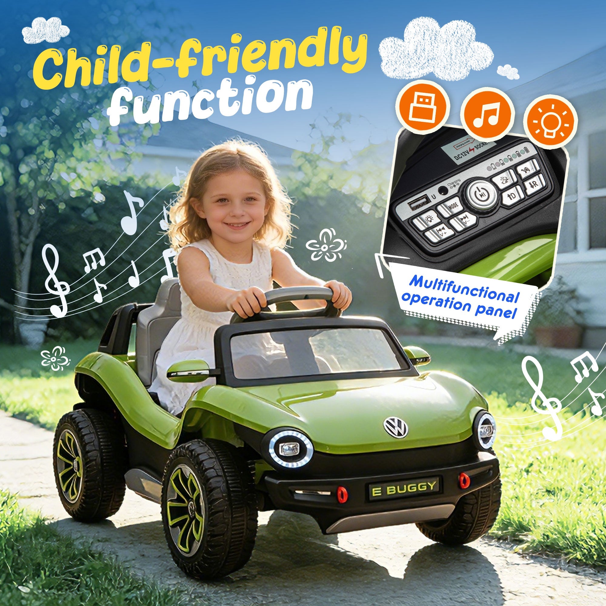 12V Ride on Toys, Licensed Volkswagen Beetle Powered Ride on Cars with Remote Control, Bluetooth, Music, USB Ports, LED Lights, 4 Wheels Suspension, Electric Car for Kids Boys Girls Ages 2-5, Green