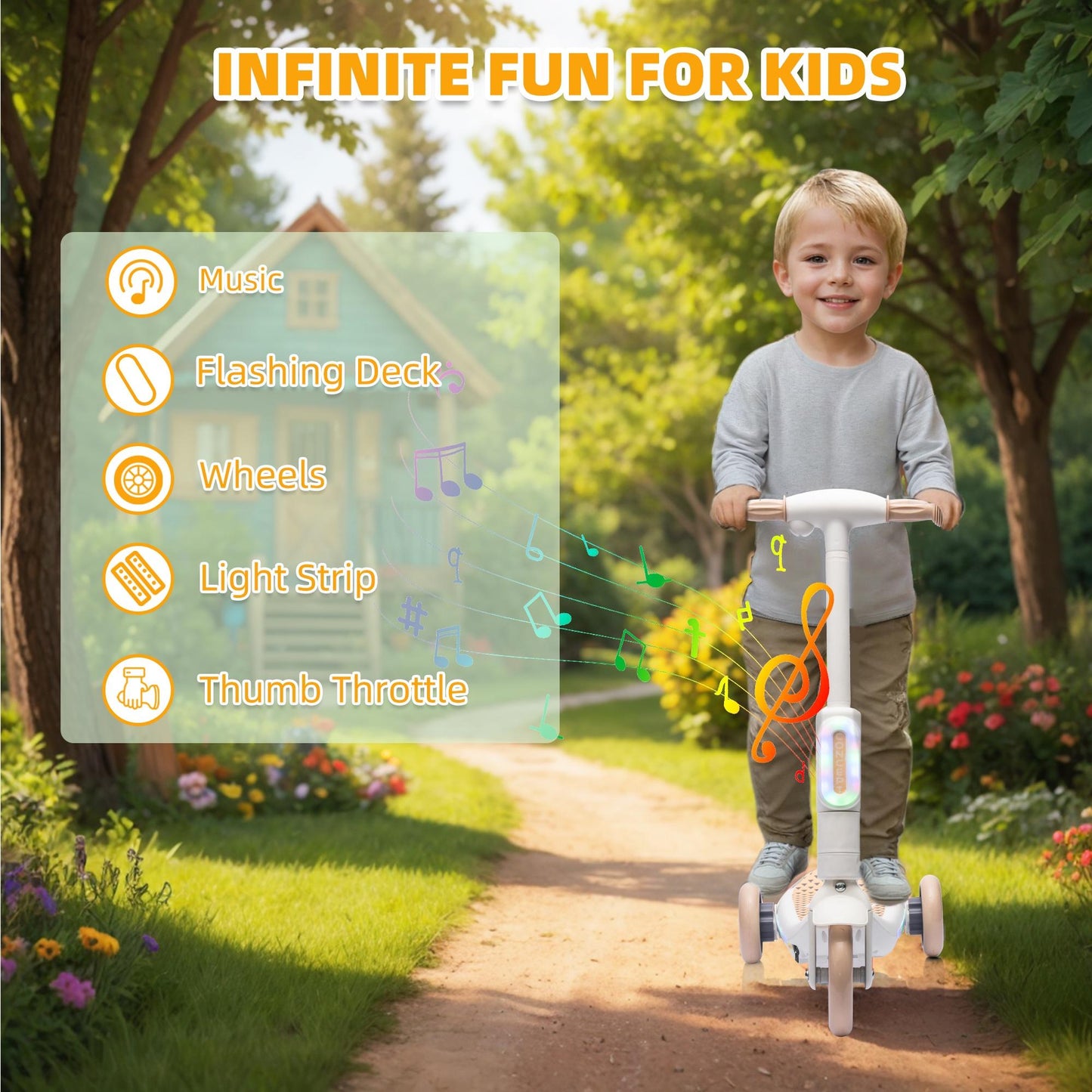 iYofe 3 Wheel Scooter for Kids, 6V Kids Electric Scooter for Boys Girls 3-6 Years Old, Kids Scooter for Toddlers with Music, Steam Sprayer, Colorful Front/Deck Light, White