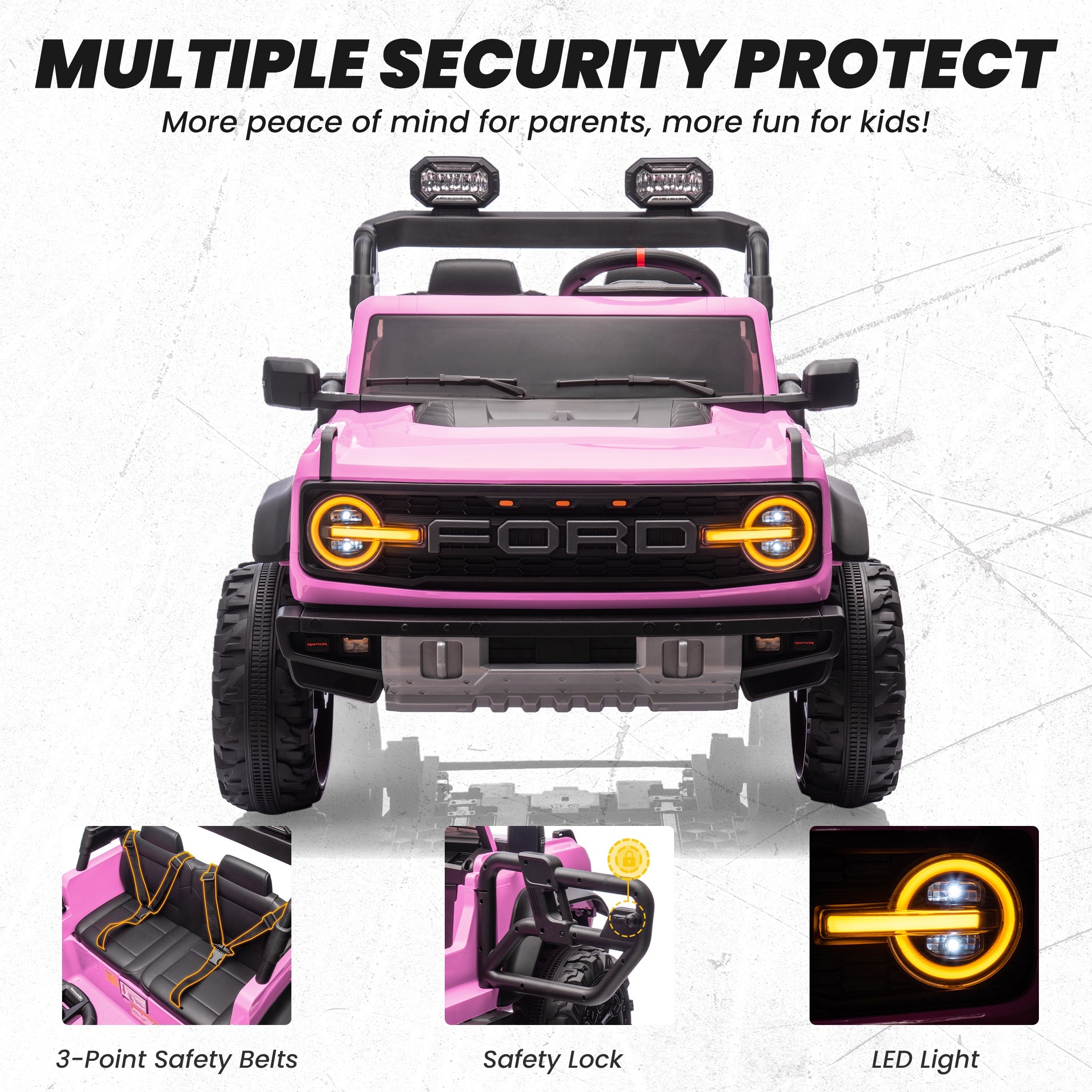 iYofe 24V 2 Seater Ride on Cars, Licensed Ford Bronco Raptor Powered Ride on Trucks with Remote Control, Spring Suspension, Bluetooth, LED Light, Ride on Toys for Kids Ages 3-8 Boy Girls Gift, Pink