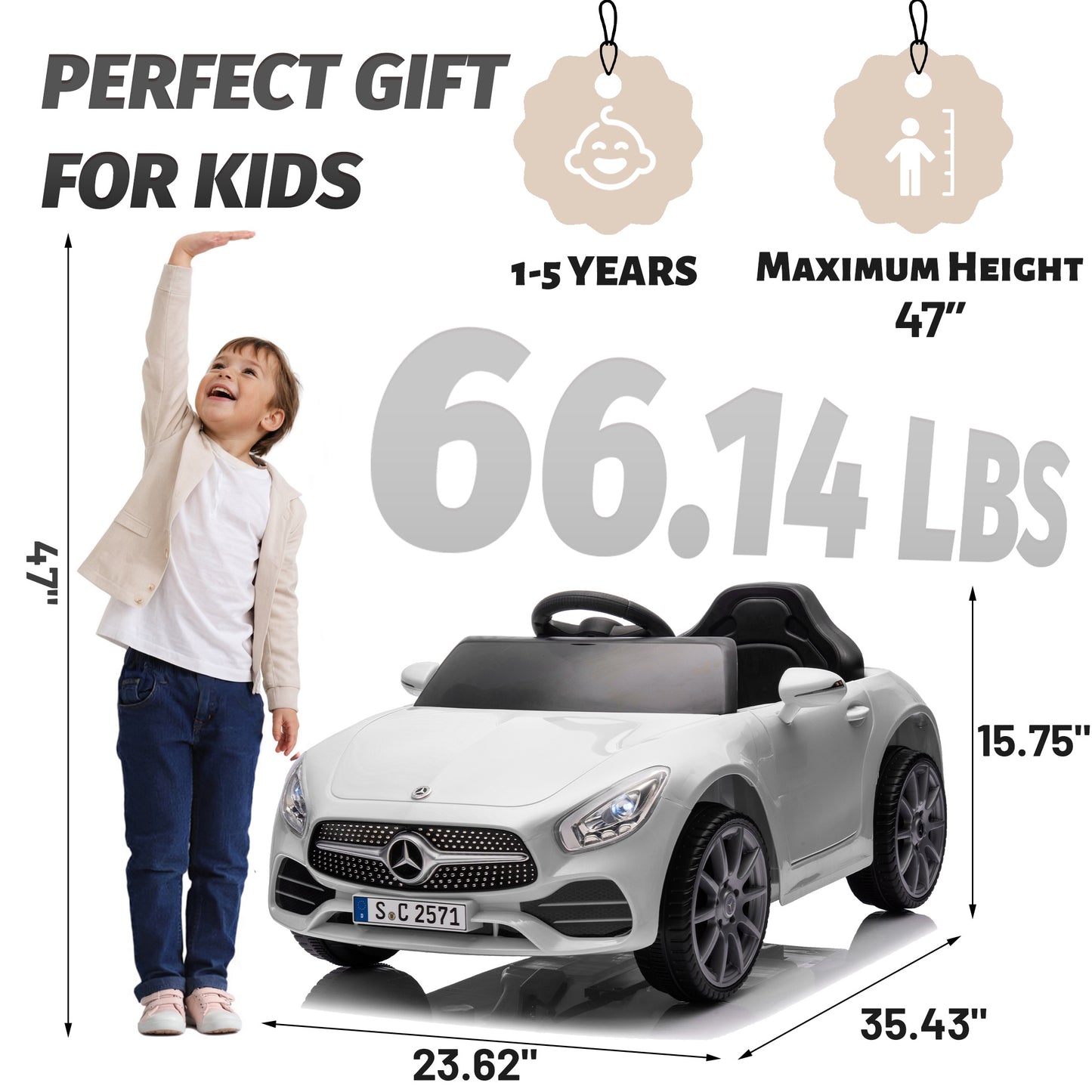 12V Ride on Toy for Kids, Licensed Mercedes-Benz CLS 350 Powered Ride on Car with Remote Control, Kids Electric Cars for Boys Girls 2-5 with Bluetooth, Music, LED Lights, 3 Speeds, 4 Wheelers, White