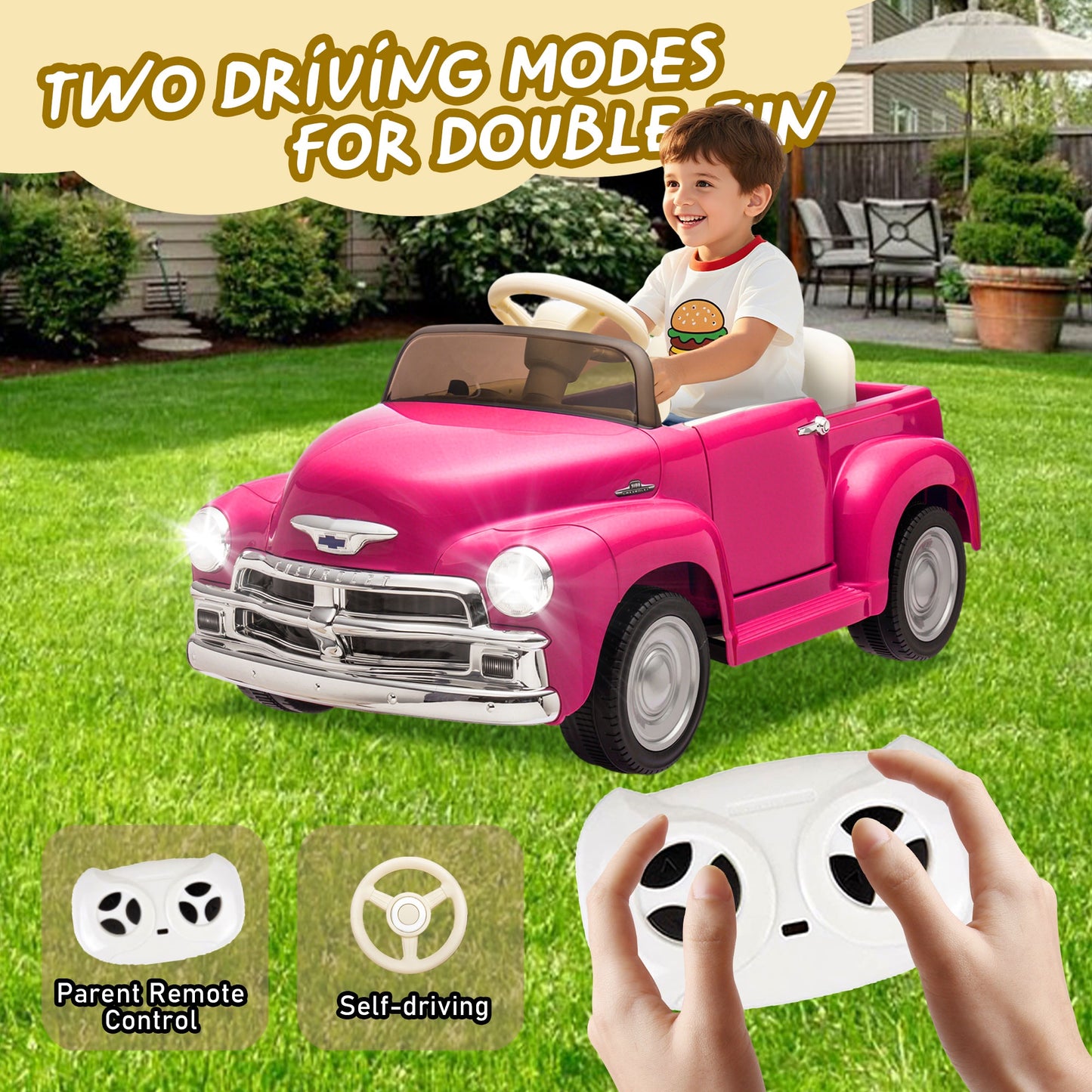 12V Ride on Toys, Licensed Chevrolet 3100 Powered Ride on Cars with Remote Control, Bluetooth, Music, USB Ports, LED Lights, 4 Wheels Suspension, Electric Car for Kids Boys Girls Ages 3-6, Pink