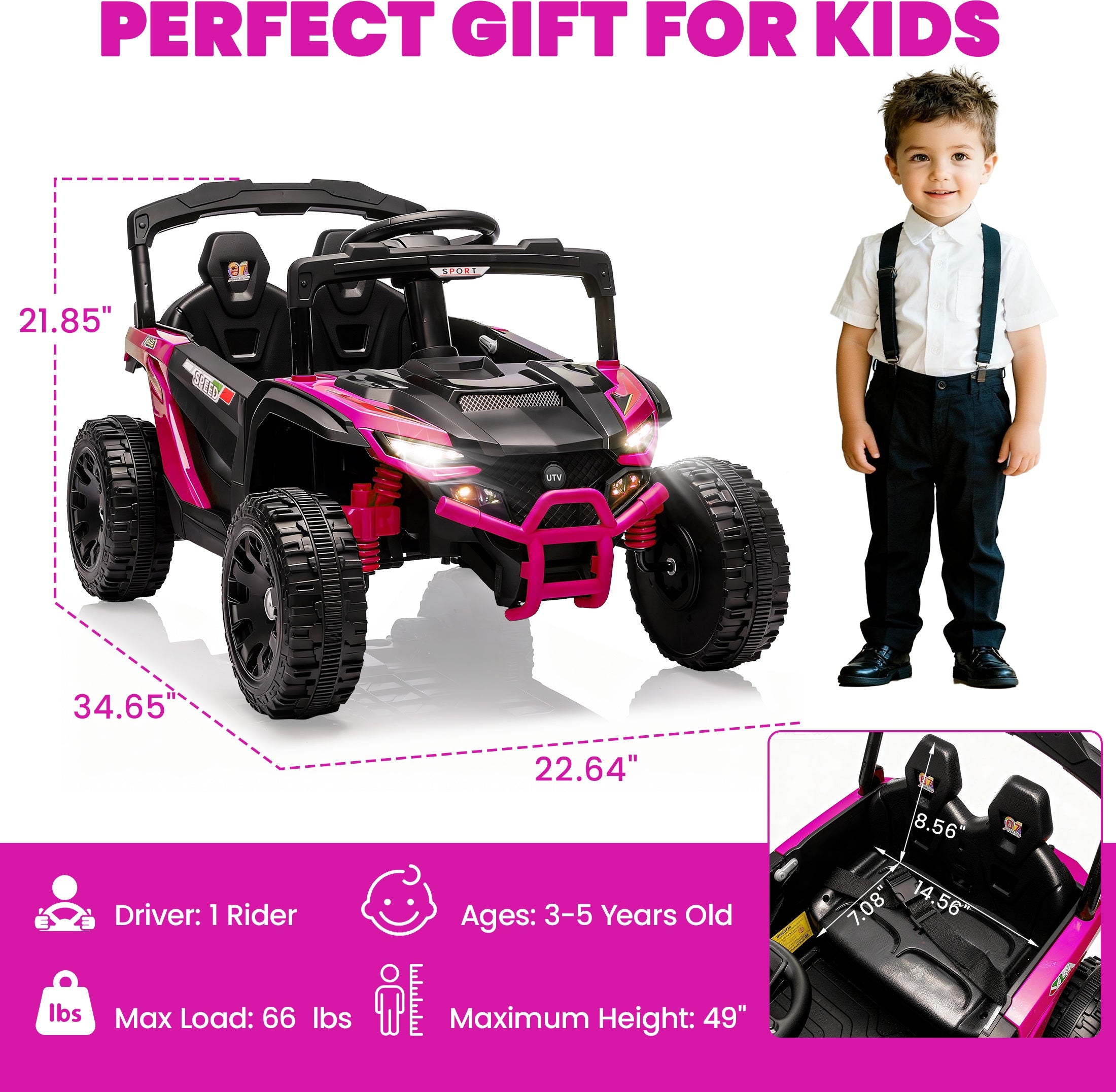 iYofe 24V Powered Ride on Toys with Remote Control, Kids Ride on Car UTV for Boys Girls Ages 3-5, Ride on Vehicles Electric Cars for Kids with Bluetooth, Music, LED Lights, 4 Wheels Suspension, Pink