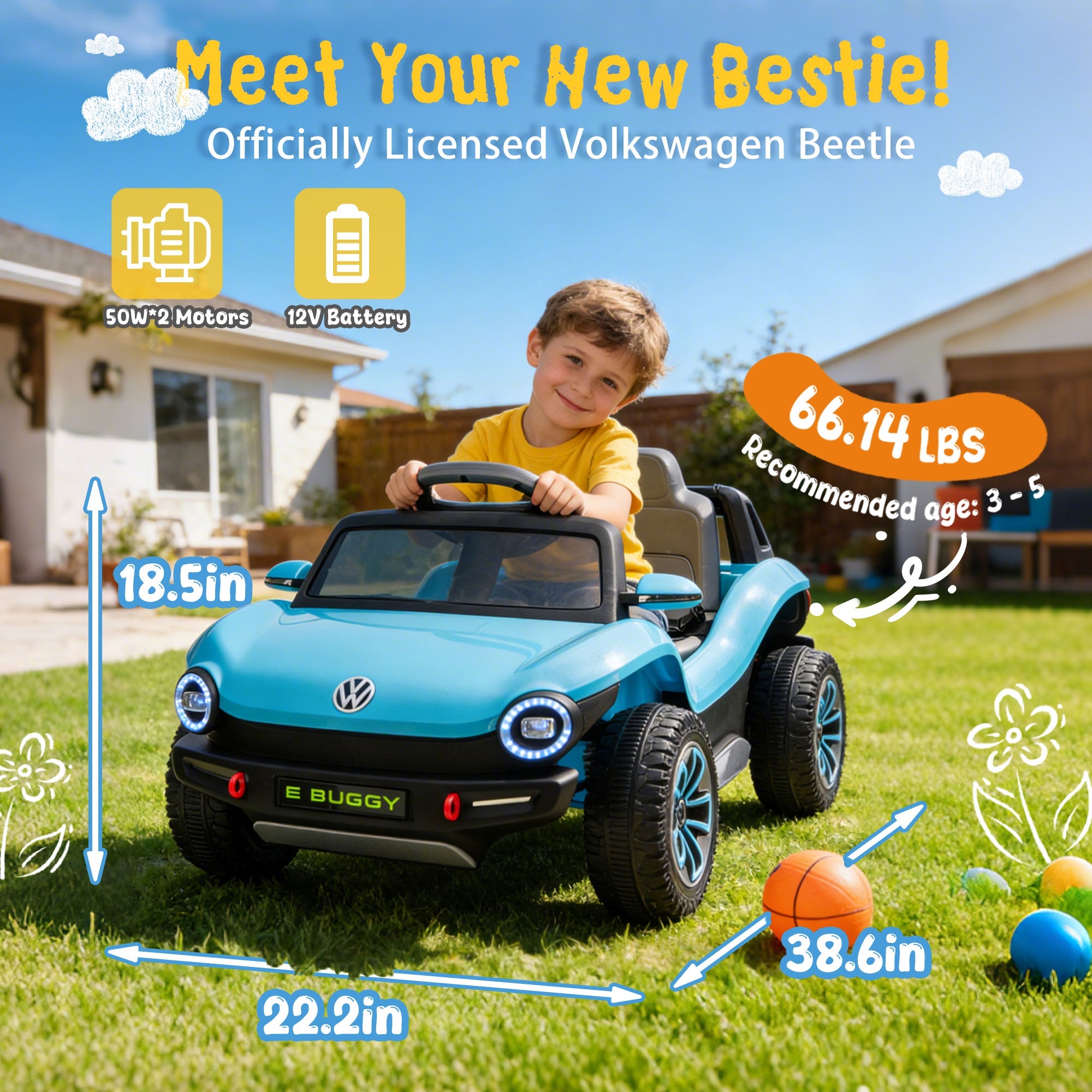 12V Ride on Toys, Licensed Volkswagen Beetle Powered Ride on Cars with Remote Control, Bluetooth, Music, USB Ports, LED Lights, 4 Wheels Suspension, Electric Car for Kids Boys Girls Ages 2-5, Blue
