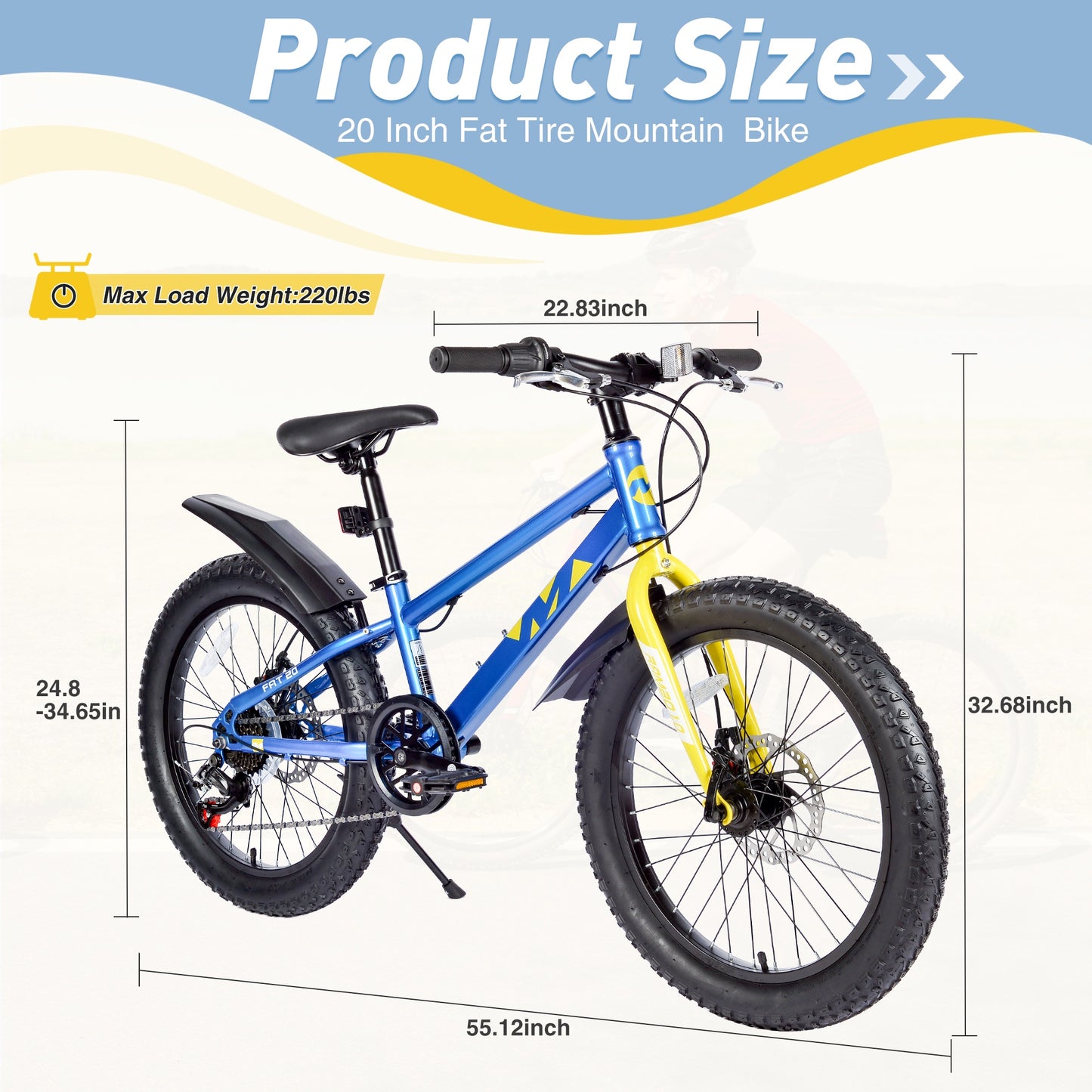 20 inch Kids Mountain Bikes for Boys Girls, 7 Speed Fat Tire Mountain Bicycle w/ Disc Brakes, Bike for kids Ages 5-12 Years Old, City Bikes Street Suit for Rider Height 44"-56", 85% assembled (Blue)
