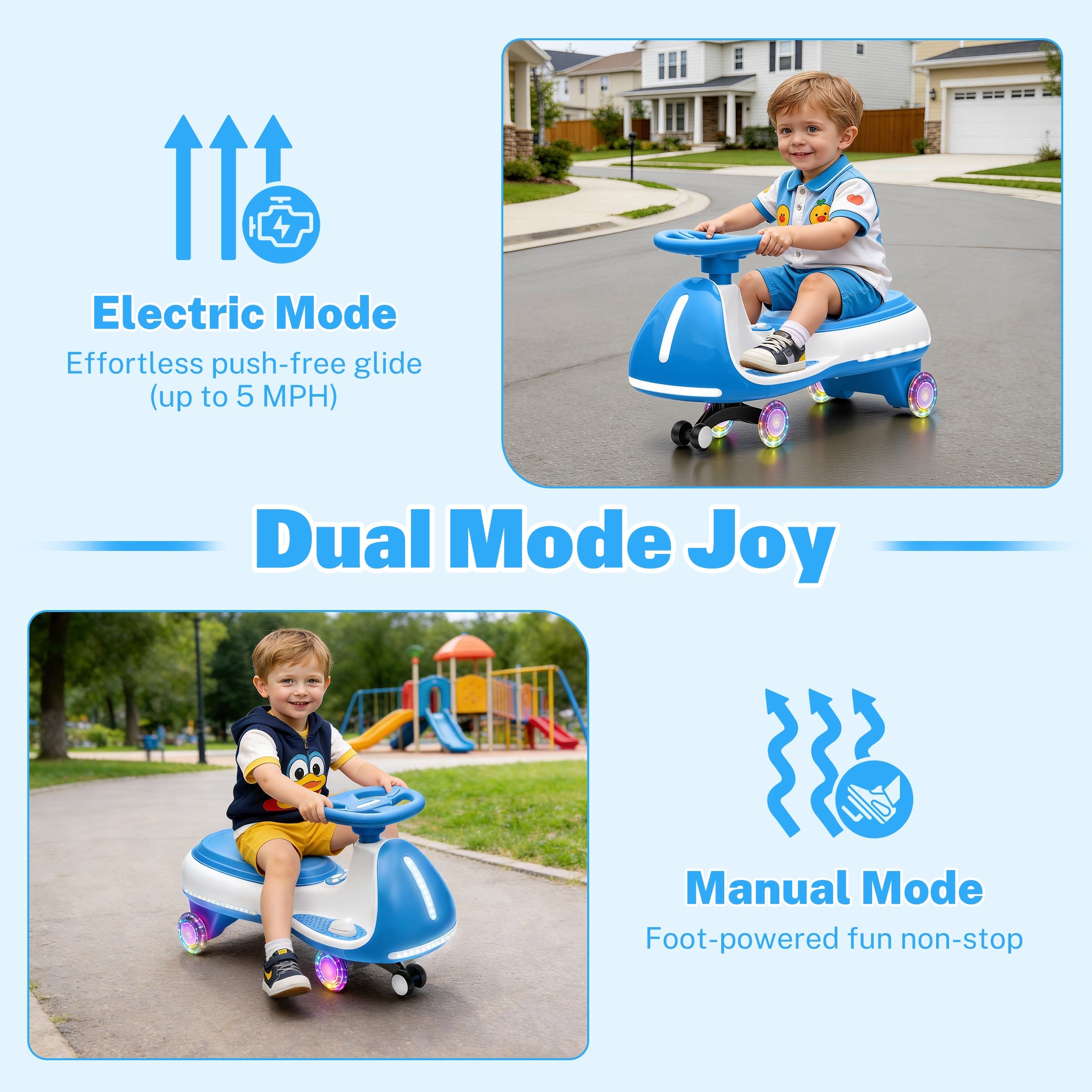 12V Electric Wiggle Car for Kids, Toddlers Ride on Toys with Pedal, Display, Flashing PU Wheels, LED Light, Bluetooth Music, Max Speed 5 MPH, Kids Ride on Cars for Boys Girls 3+, Blue
