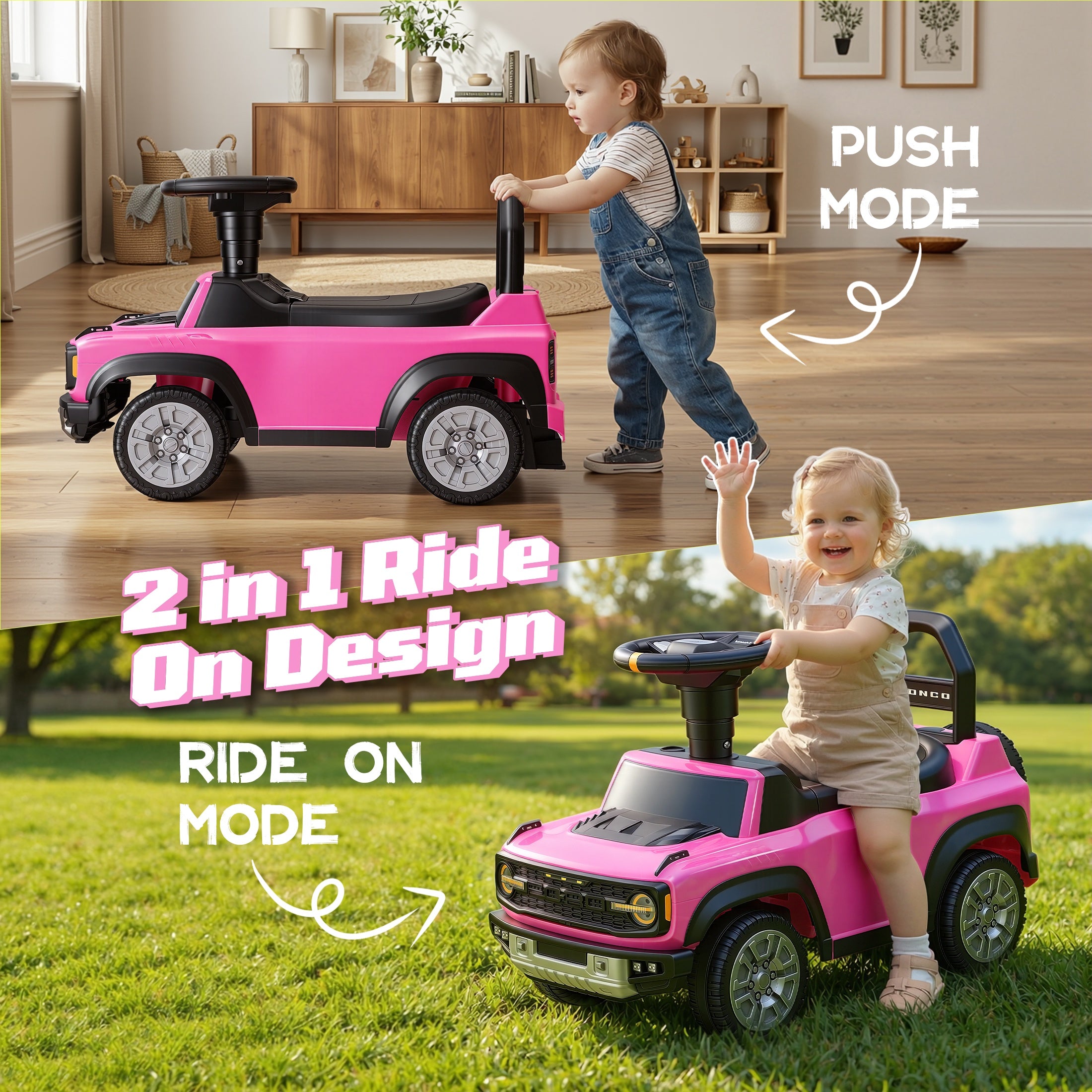 iYofe Kids Ride on Push Car 2 in 1, Ford Bronco Raptor Toddlers Ride on Push Toys with Horn, Music, Handle, Under Seat Storage, Ride on Toys for Toddlers 18 Months +, Pink