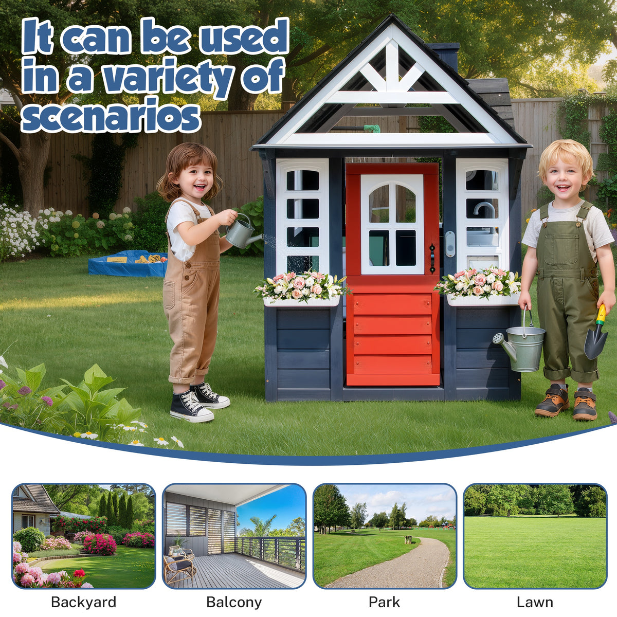 iYofe Outdoor Playhouse, Wooden Playhouse for Kids Play House with Front Door, Flower Pot Holders, Stove, Sink, Doorbell, Windows, Indoor Outdoor Kids Play Equipment Gift for Ages 2+, Black+Blue