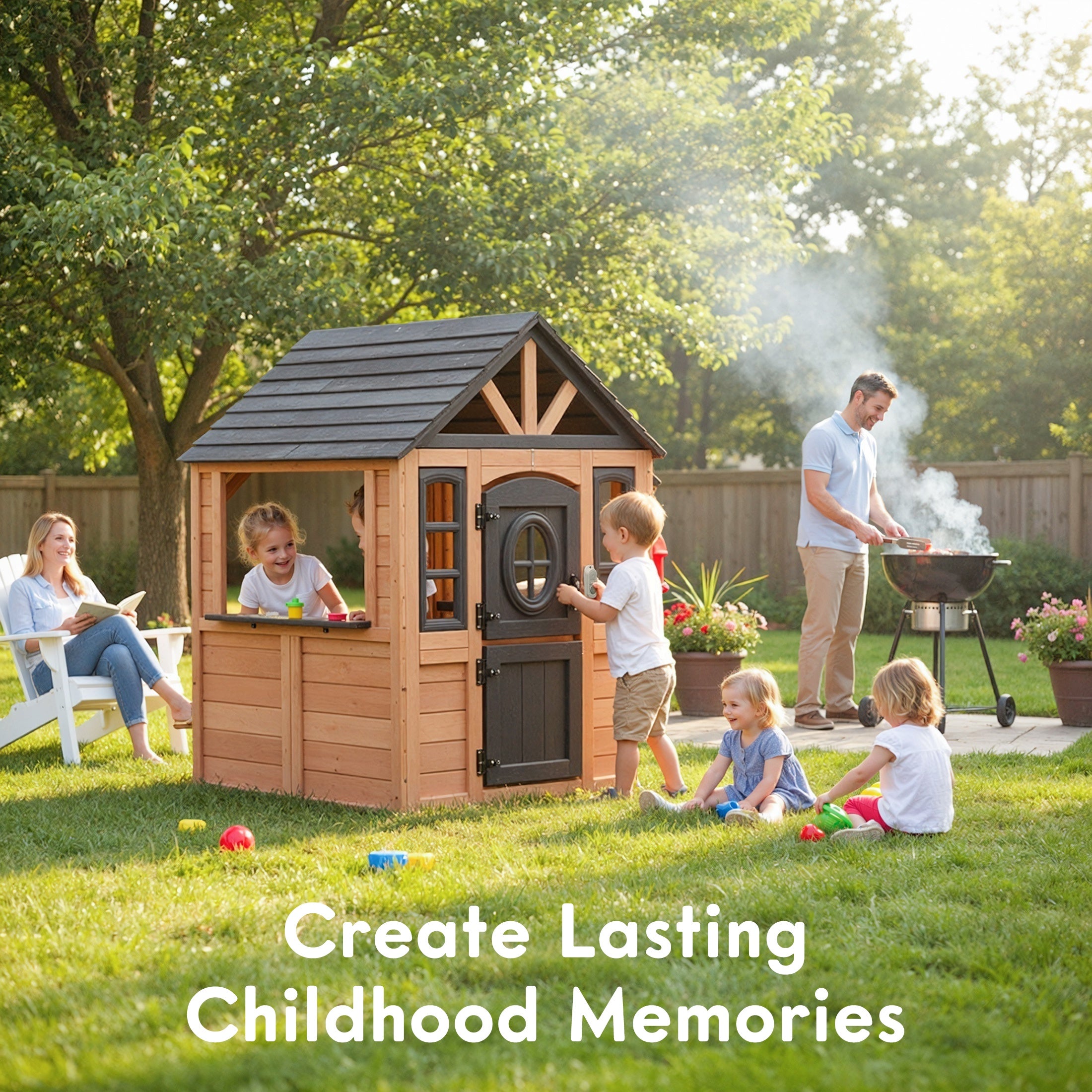 iYofe Outdoor Playhouse, Wooden Kids Playhouse with Play Kitchen, Working Doorbell, Bird Cage, Pet Door, Outdoor Kids Play Equipment Gift for Ages 2+, Brown
