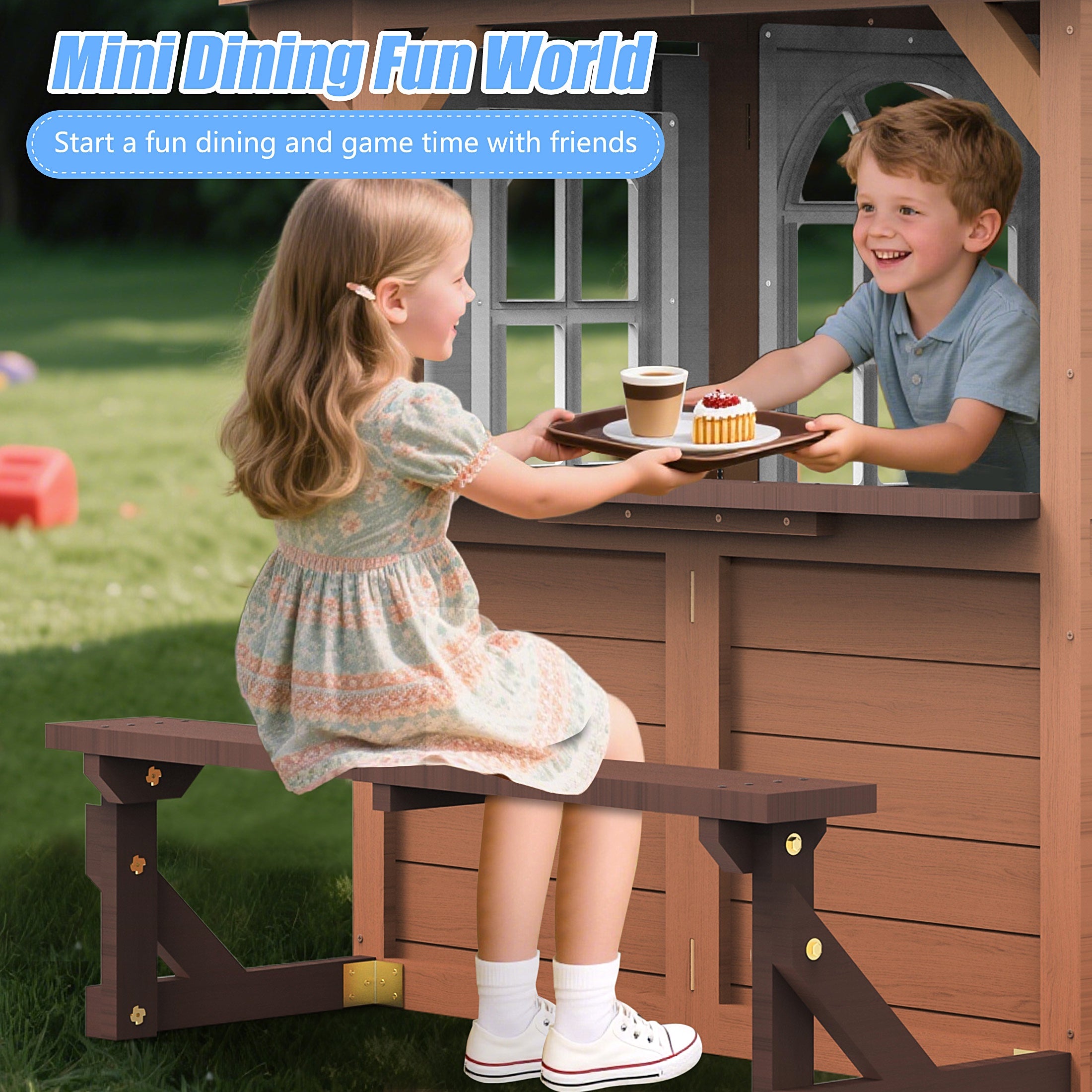iYofe Outdoor Playhouse for Kids 3+, Wood Kids Playhouse with Full Door, Toy Phone, Bench, Planter Pots, Window, Toddler Playhouse Kids Outdoor Playset Equipment for Interactive Play
