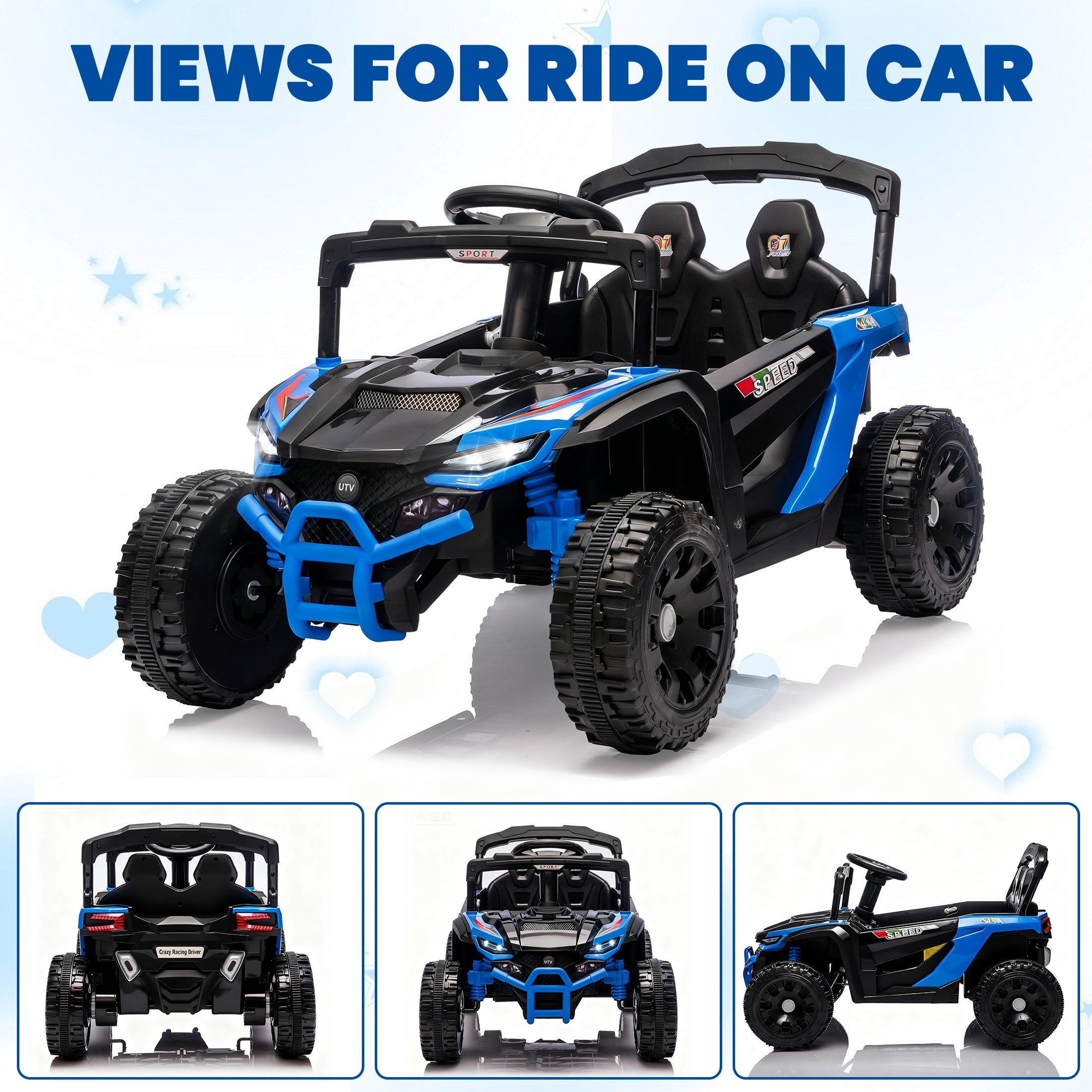 iYofe 24V Powered Ride on Toys with Remote Control, Kids Ride on Car UTV for Boys Girls Ages 3-5, Ride on Vehicles Electric Cars for Kids with Bluetooth, Music, LED Lights, 4 Wheels Suspension, Blue