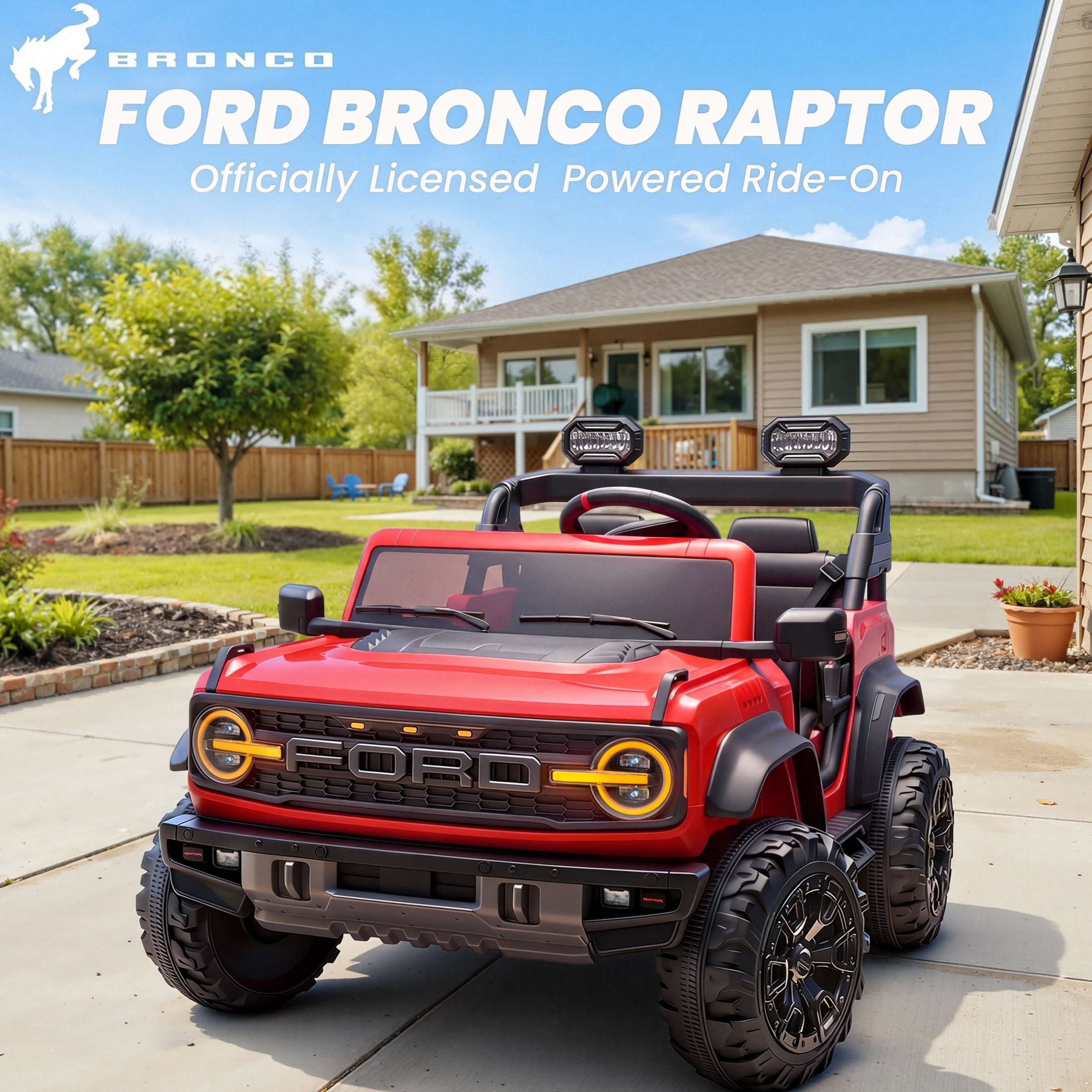 iYofe 24V 2 Seater Ford Bronco Raptor Powered Ride on Car with Remote Control, Bluetooth, Ages 3-8, Red