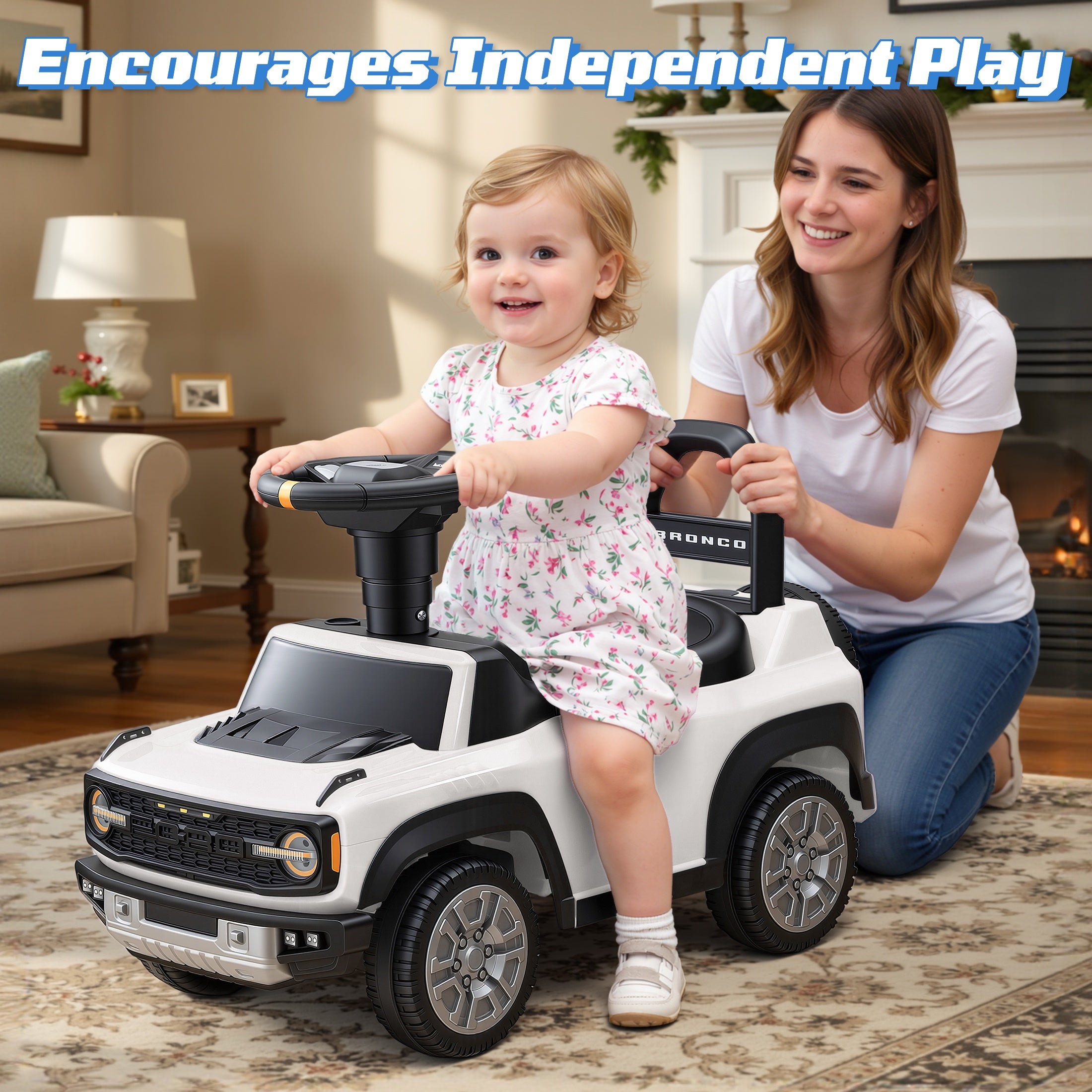 iYofe Kids Ride on Push Car 2 in 1, Ford Bronco Raptor Toddlers Ride on Push Toys with Horn, Music, Handle, Under Seat Storage, Ride on Toys for Toddlers 18 Months +, White
