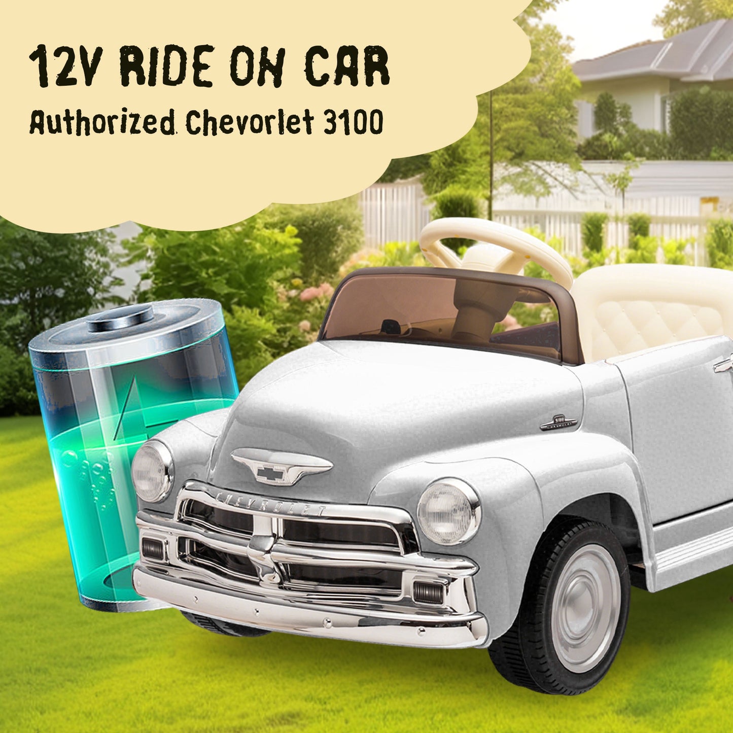 12V Ride on Toys, Licensed Chevrolet 3100 Powered Ride on Cars with Remote Control, Bluetooth, Music, USB Ports, LED Lights, 4 Wheels Suspension, Electric Car for Kids Boys Girls Ages 3-6, White