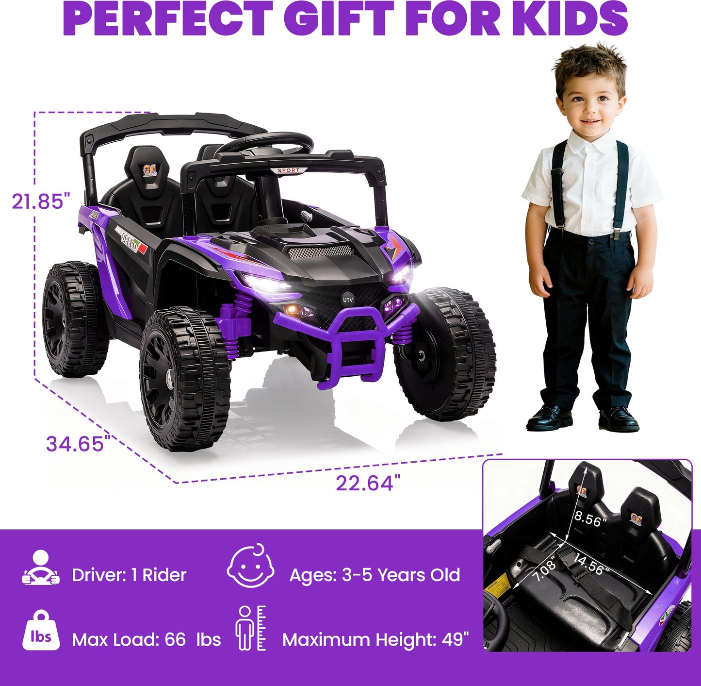 iYofe 24V Powered Ride on Toys with Remote Control, Kids Ride on Car UTV for Boys Girls Ages 3-5, Ride on Vehicles Electric Cars for Kids with Bluetooth, Music, LED Light, 4 Wheels Suspension, Purple
