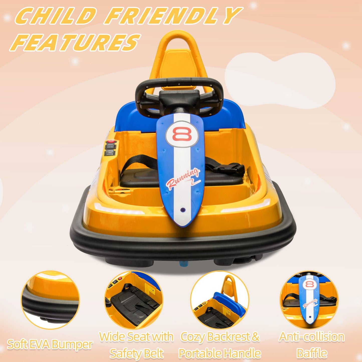 iYofe 6V Bumper Car Ride on with Remote Control, Bumper Cars for Kids Toddlers Boys Girls 2-6 Years Old Gifts, Battery Powered Ride on Toys with Bluetooth, Player, 360¡ãSpin, LED Light, 3 Speed, Yellow