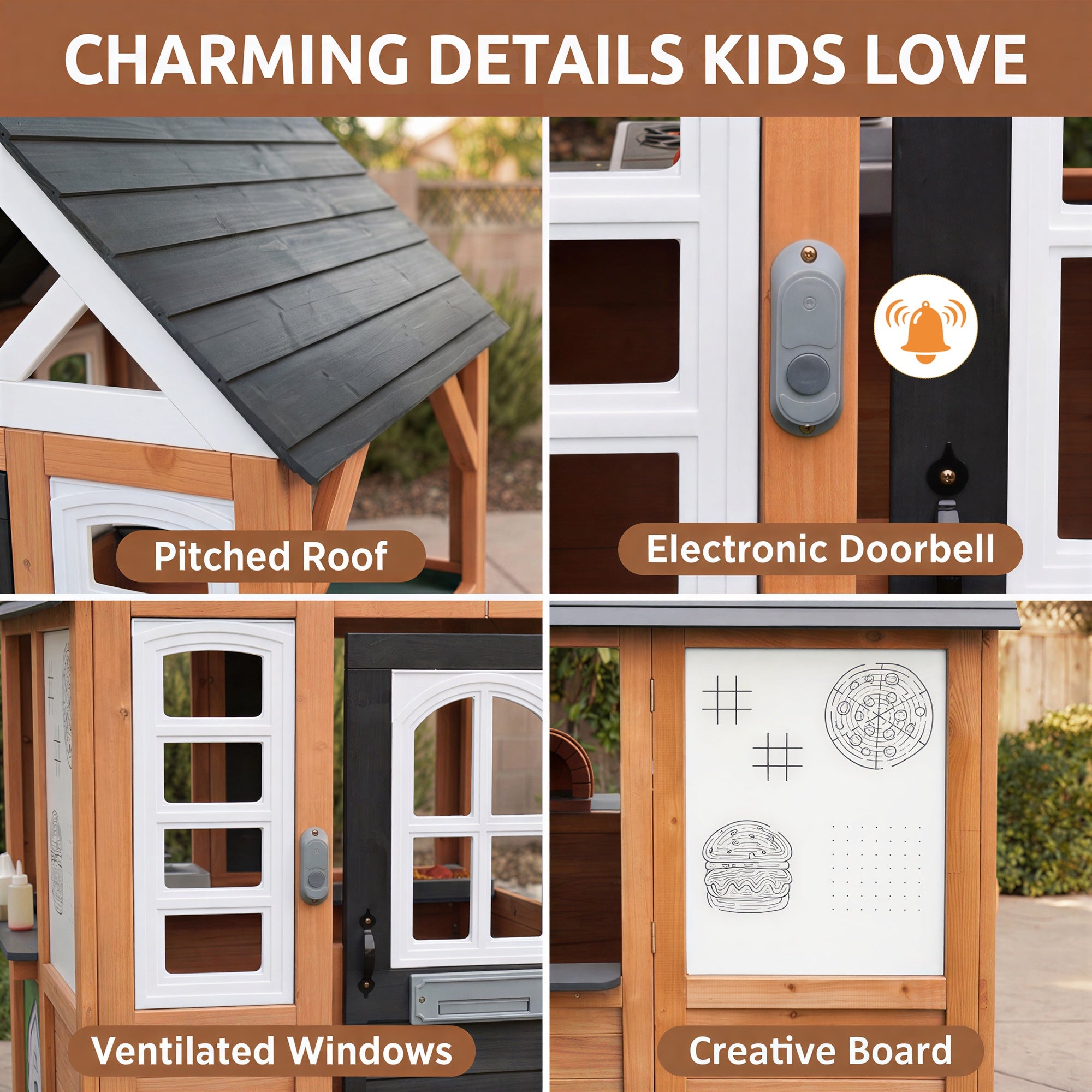 iYofe Kids Playhouse, Wooden Outdoor Playhouse for Kids, Pretend Play House for Toddlers 3-5 with Pizza Oven, Kitchen, Grill Area, Real Doorbell, Gift for Boys Girls Ages 3+