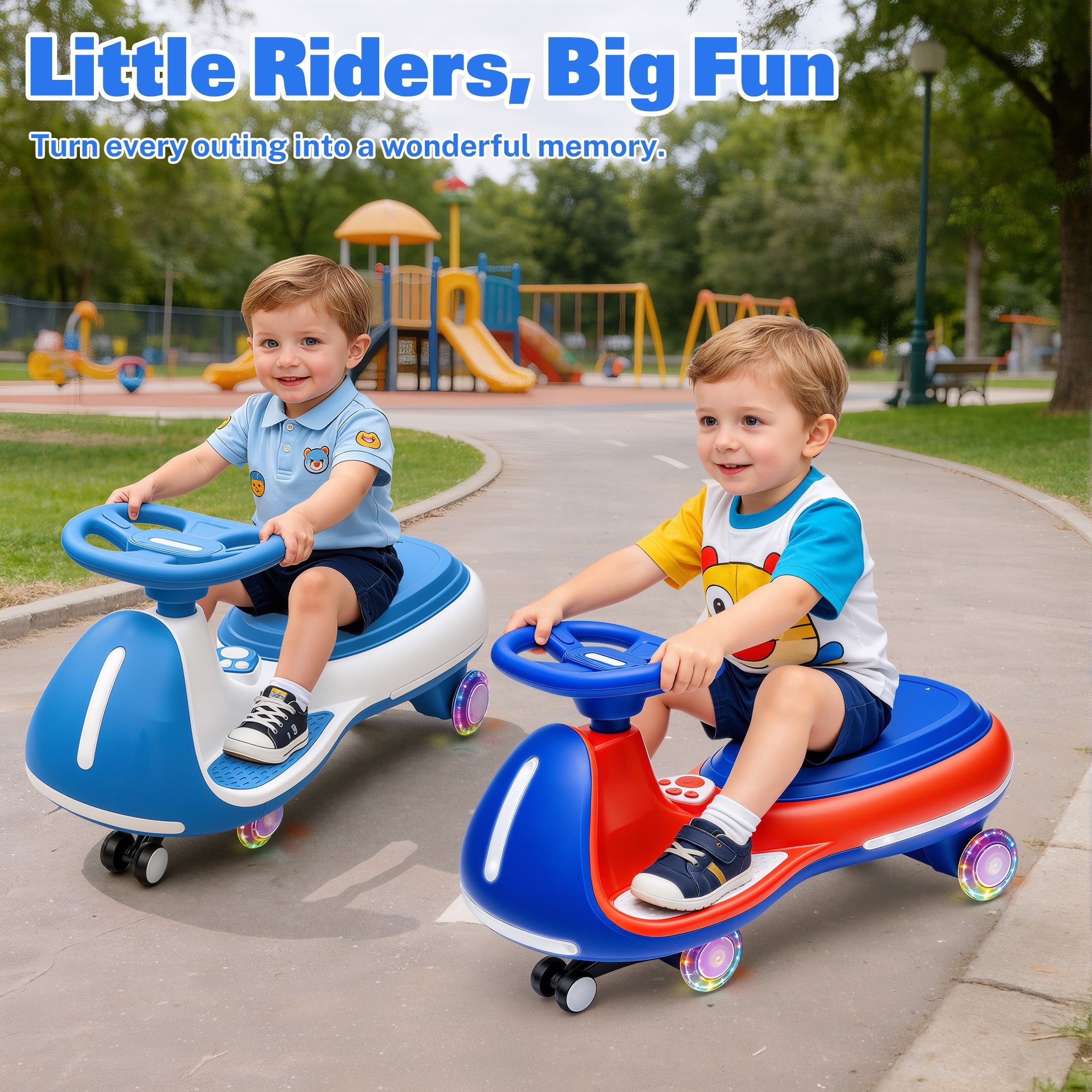 12V Electric Wiggle Car for Kids, Toddlers Ride on Toys with Pedal, Display, Flashing PU Wheels, LED Light, Bluetooth Music, Max Speed 5 MPH, Kids Ride on Cars for Boys Girls 3+, Blue+Red