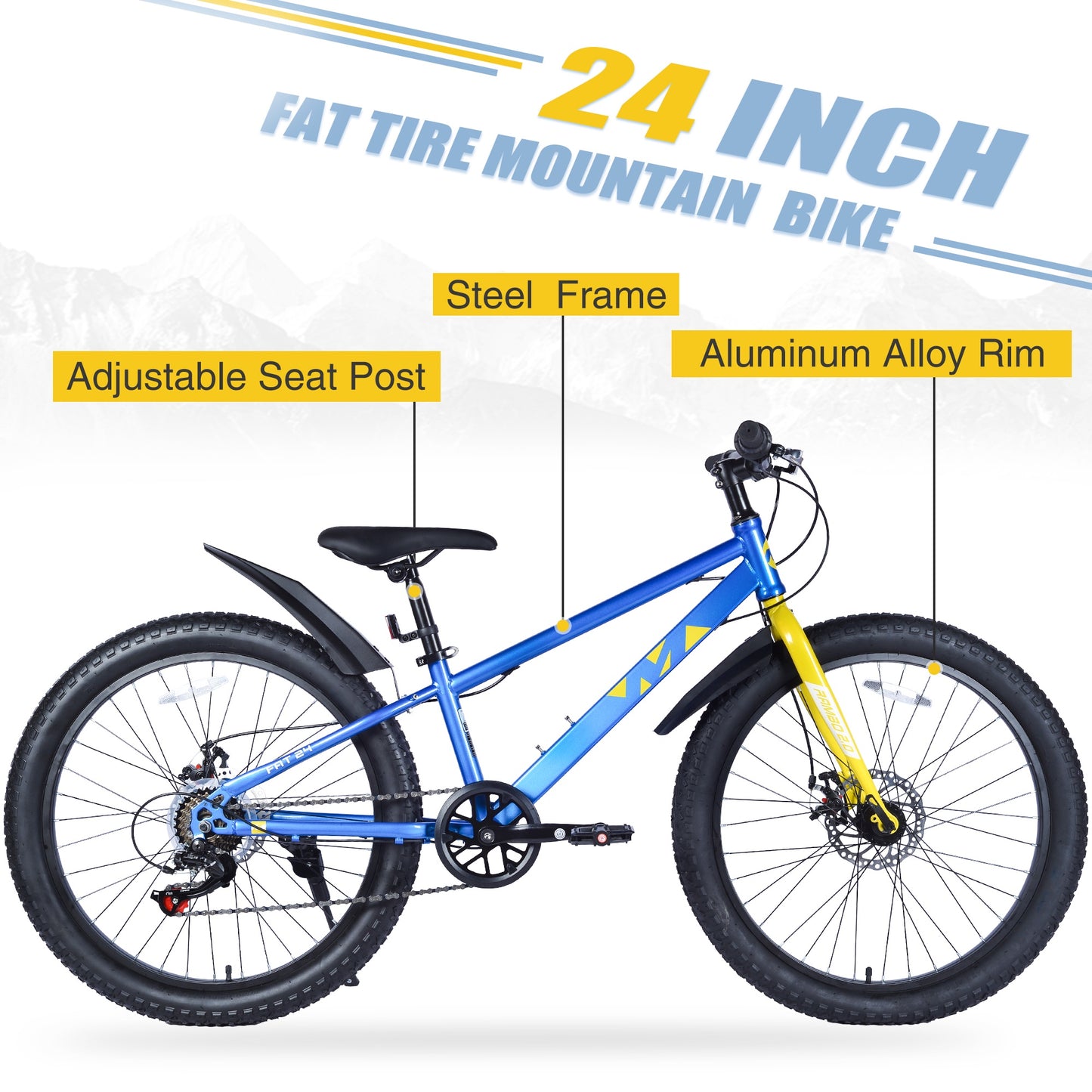 24" Mountain Bikes for Boys Girls, 7 Speed Fat Tire Mountain Bicycle w/ Disc Brakes, Bike for kids Youth Teen Adults, City Bikes Street Suit for Rider Height 56"-66" Ages 10+, 85% assembled (Blue)