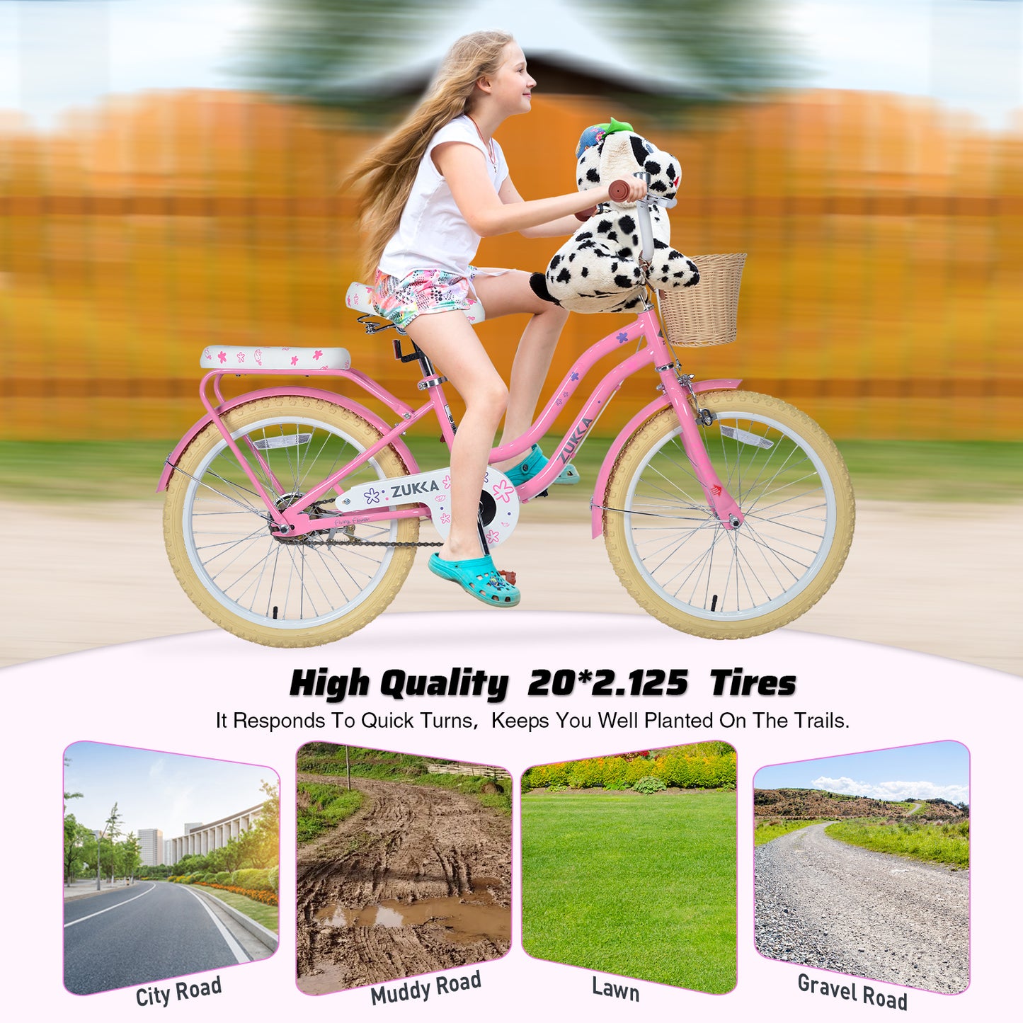 Girls Bike 20inch with Basket and Backseat, Front Caliper Brake and Rear Dand Brakes, Kids Bicycle for 7-10 Years Old, Single Speed