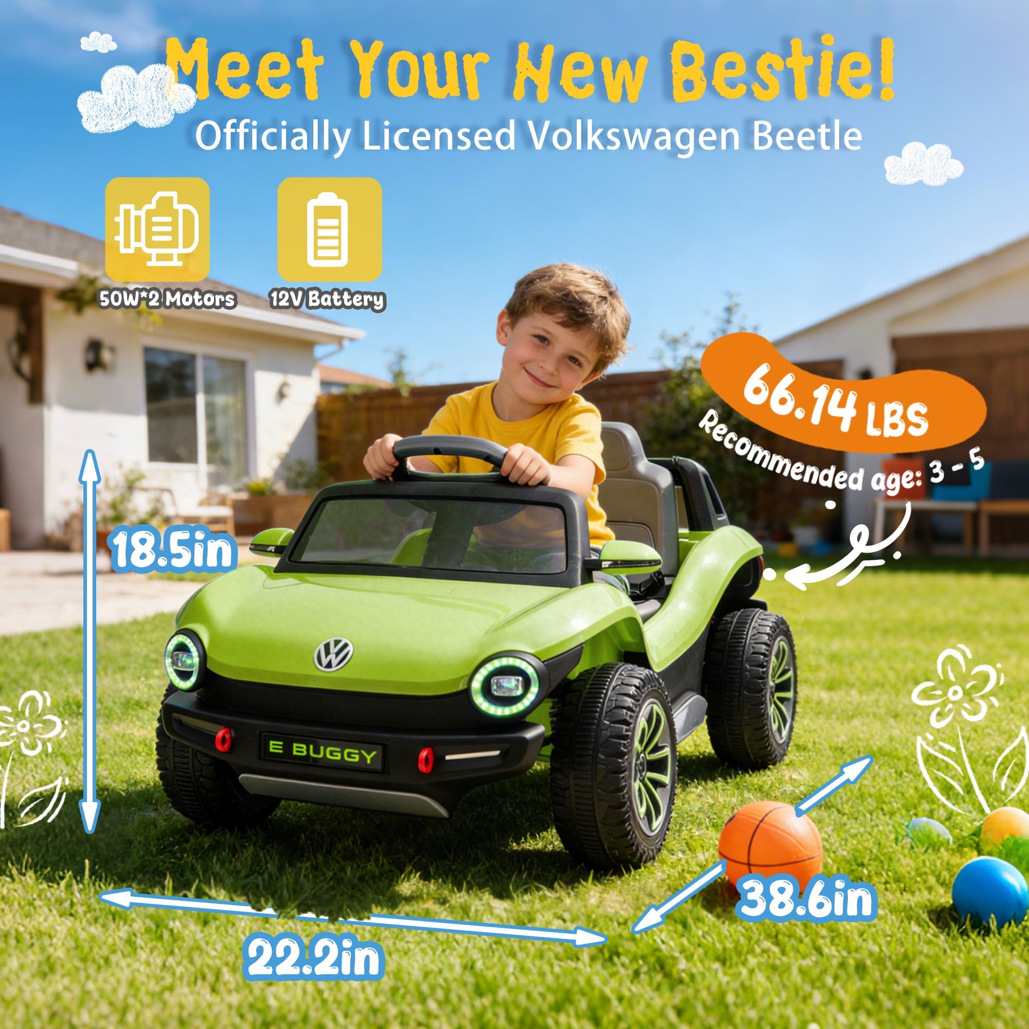 12V Ride on Toys, Licensed Volkswagen Beetle Powered Ride on Cars with Remote Control, Bluetooth, Music, USB Ports, LED Lights, 4 Wheels Suspension, Electric Car for Kids Boys Girls Ages 2-5, Green