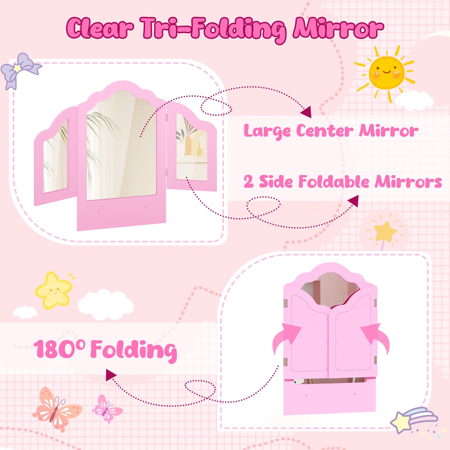 Girls Vanity Set with Mirror and Stool, Wood 2 in 1 Princess Kids Vanity Sets for Girls 3-9 Years Old, Kids Makeup Vanity Table Set with Detachable Top, Storage Cabinet, Pink