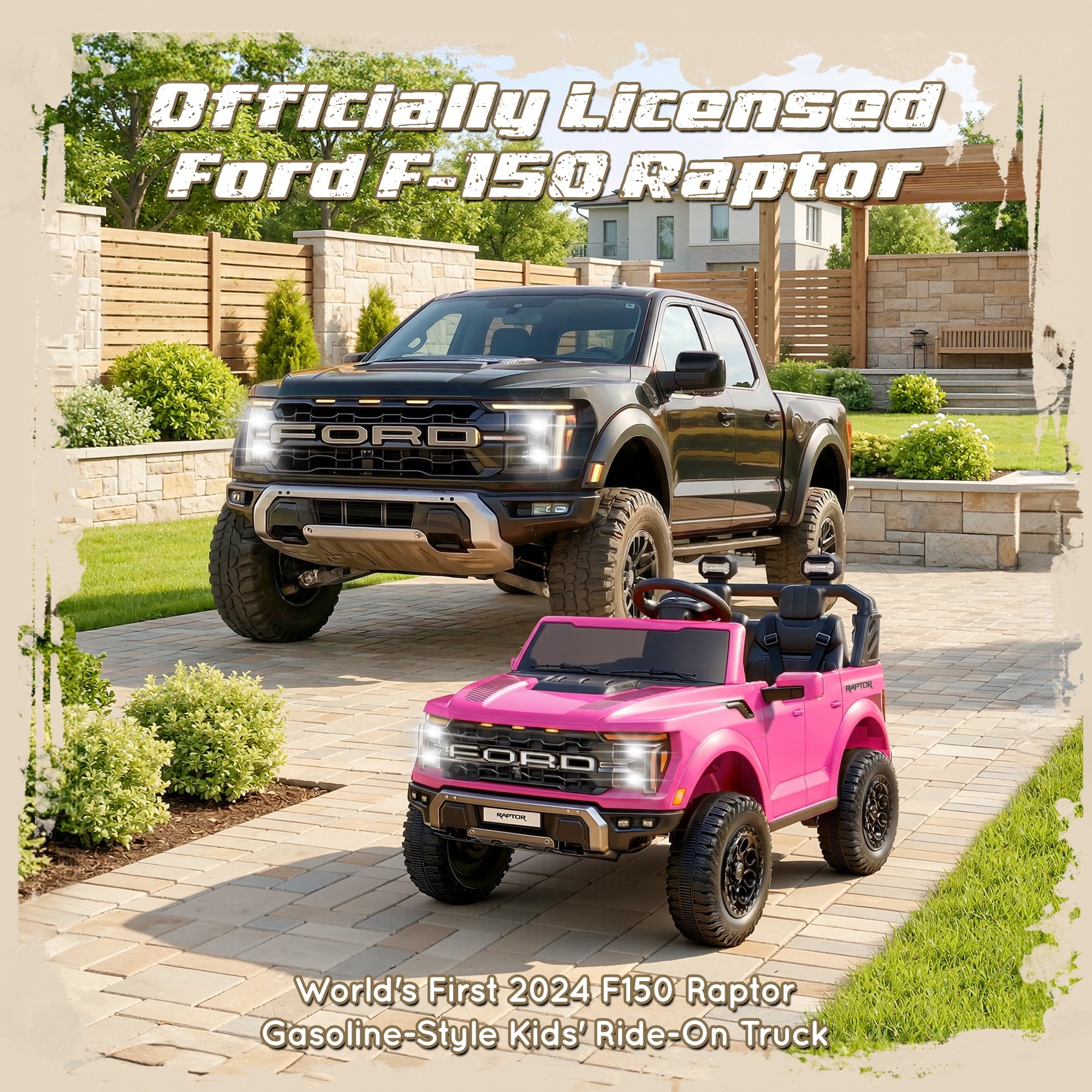iYofe 24V 2 Seater Ford F150 Raptor Powered Ride on Toys Truck, Electric Ride on Cars with Remote Control for Kids, 4 Wheels Spring Suspension, Pink