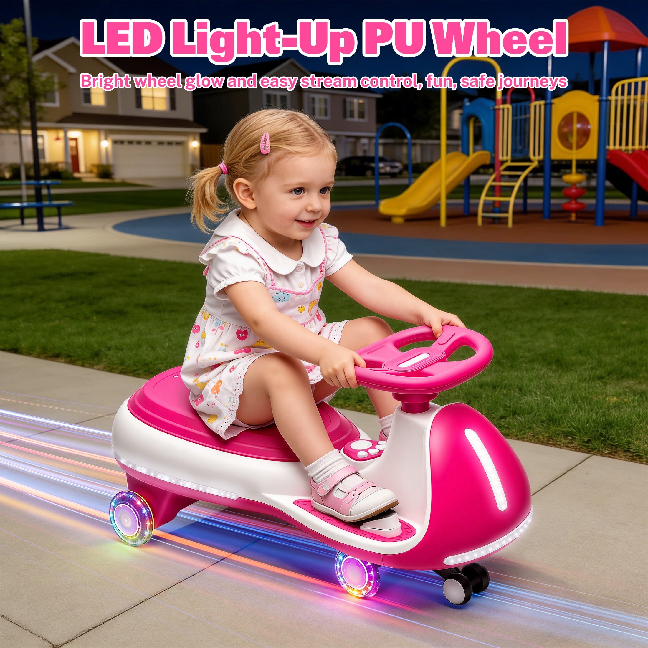 12V Electric Wiggle Car for Kids, Toddlers Ride on Toys with Pedal, Display, Flashing PU Wheels, LED Light, Bluetooth Music, Max Speed 5 MPH, Kids Ride on Cars for Boys Girls 3+, Rose Red
