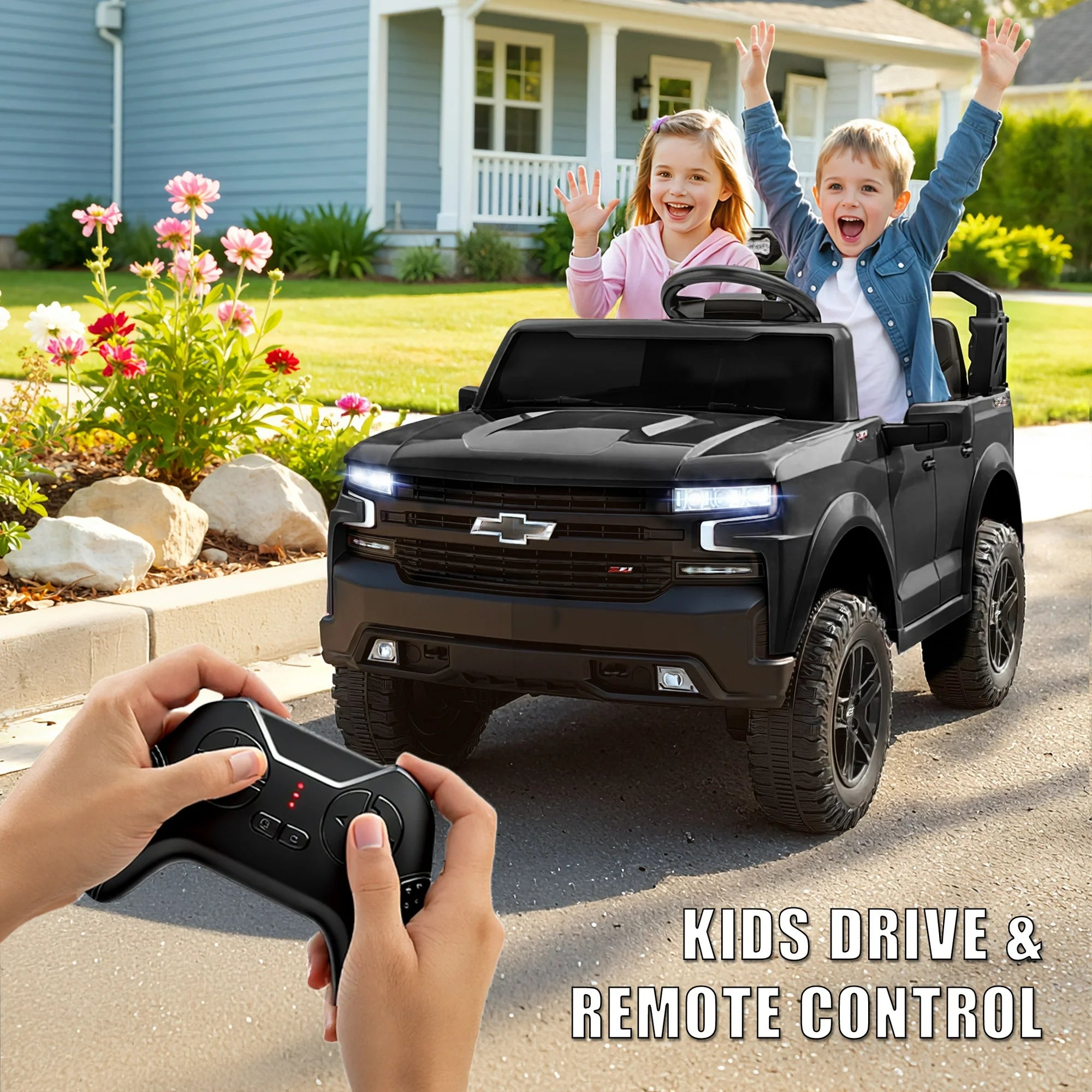 Chevrolet Silverado 24V Powered Ride on Cars for Kids, Extra large Real 2 Seat Ride on Toys with Remote Control, LED Light, MP3 Player, Electric Vehicles Ride on Truck for Boys Girls Gifts, Black