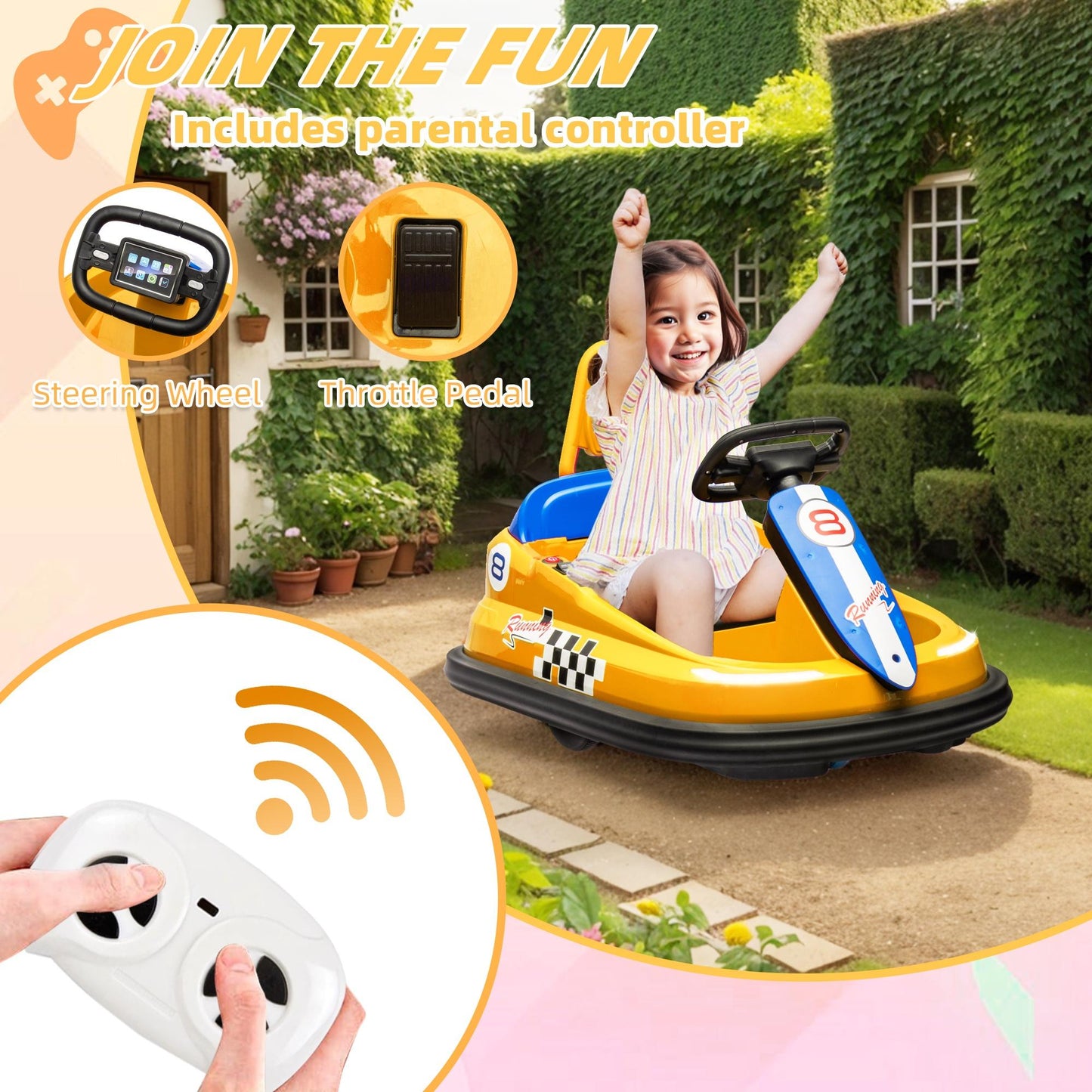 iYofe 6V Bumper Car Ride on with Remote Control, Bumper Cars for Kids Toddlers Boys Girls 2-6 Years Old Gifts, Battery Powered Ride on Toys with Bluetooth, Player, 360¡ãSpin, LED Light, 3 Speed, Yellow