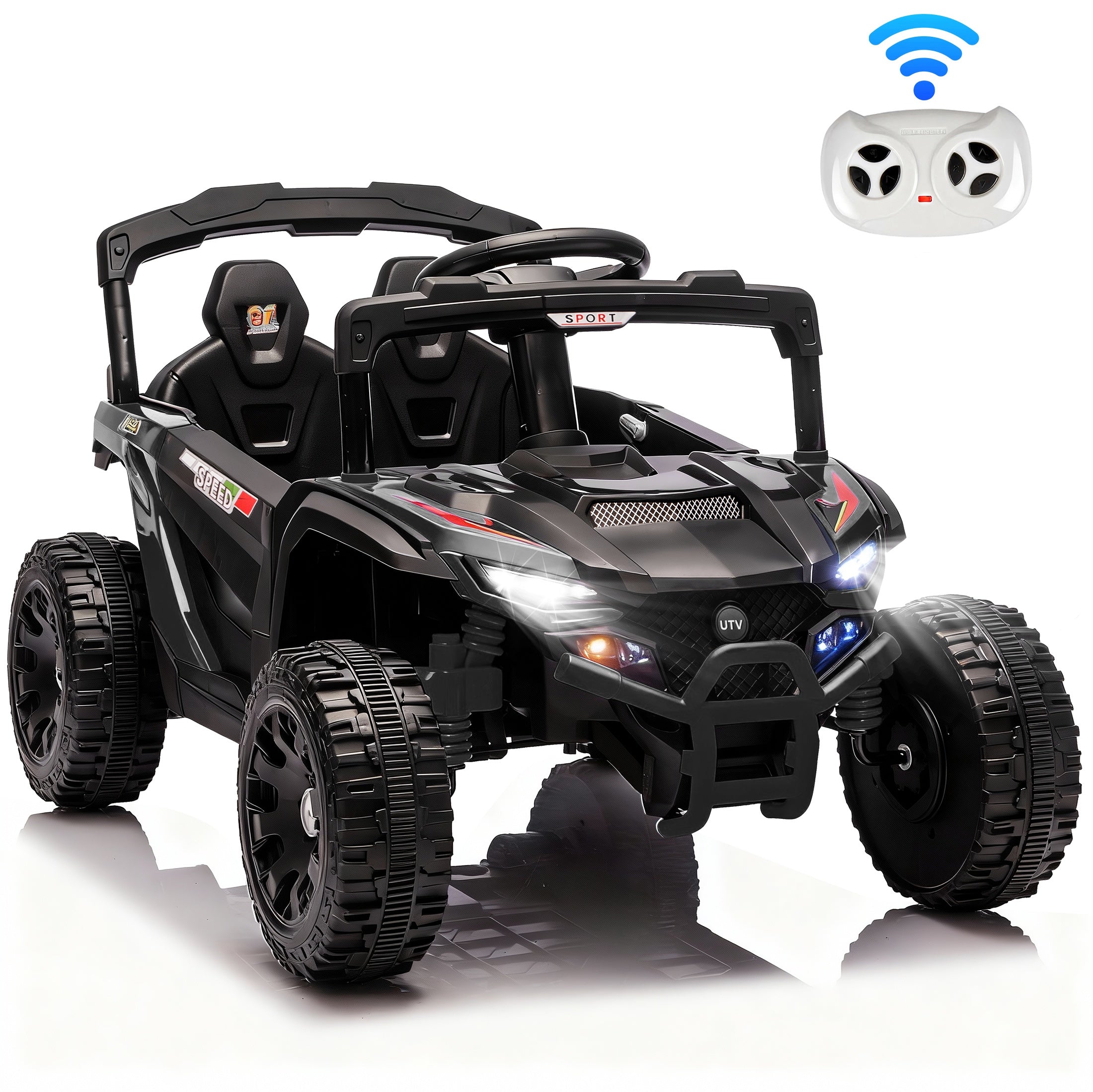 iYofe 24V Powered Ride on Toys with Remote Control, Kids Ride on Car UTV for Boys Girls Ages 3-5, Ride on Vehicles Electric Cars for Kids with Bluetooth, Music, LED Lights, 4 Wheels Suspension, Black