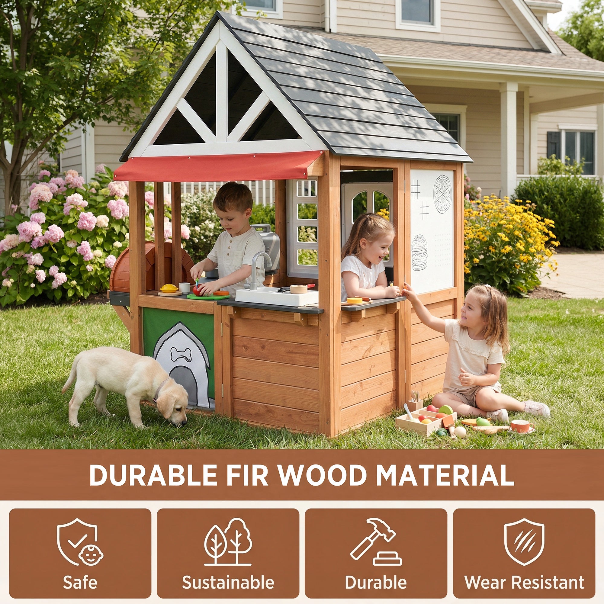 iYofe Kids Playhouse, Wooden Outdoor Playhouse for Kids, Pretend Play House for Toddlers 3-5 with Pizza Oven, Kitchen, Grill Area, Real Doorbell, Gift for Boys Girls Ages 3+